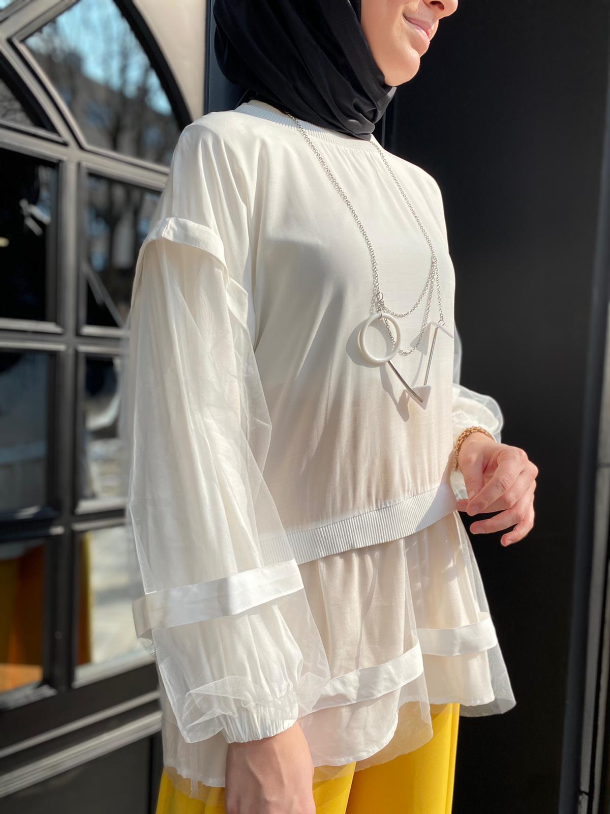 Hukka Design Organze Detaylı Ekru Tunik 23Y04B