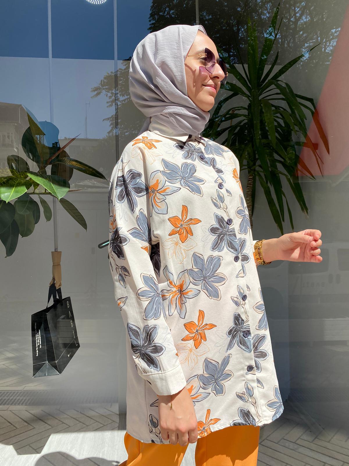 İnve Çiçekli Oranj Gömlek Tunik 6909