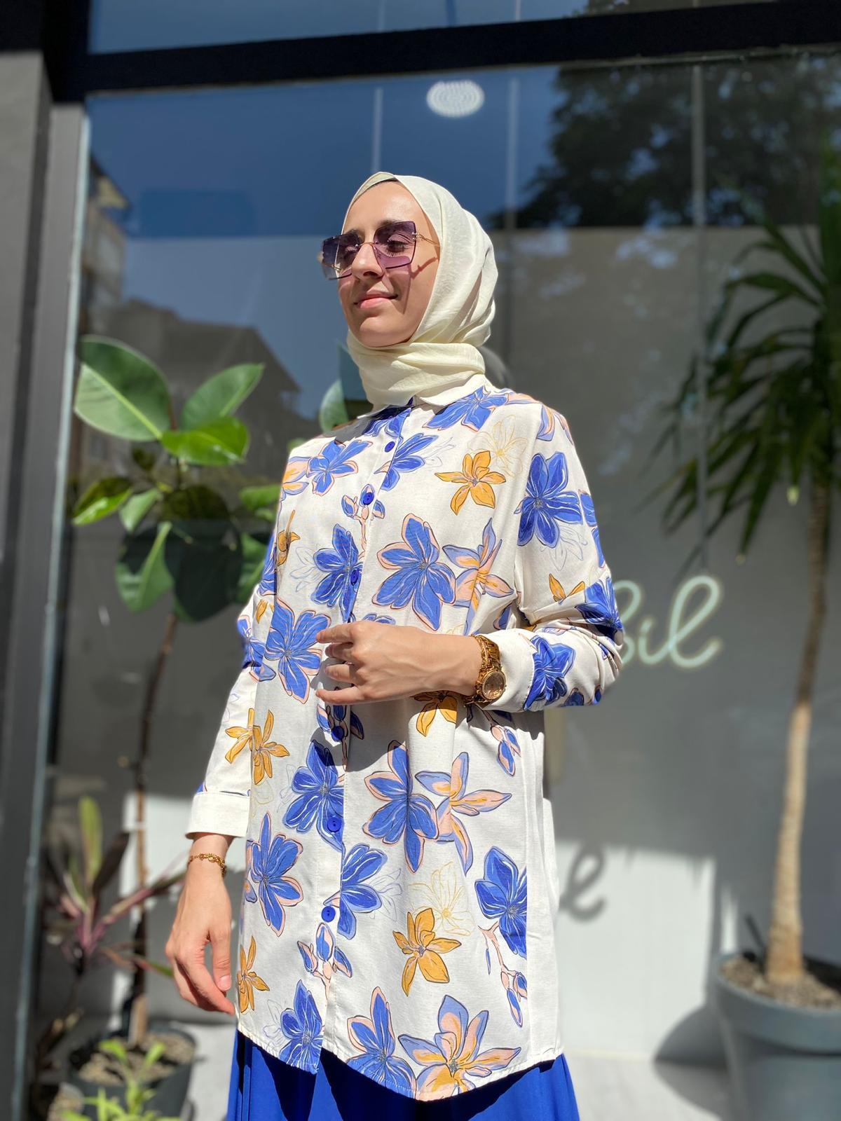 İnve Çiçekli Saks Gömlek Tunik 6909