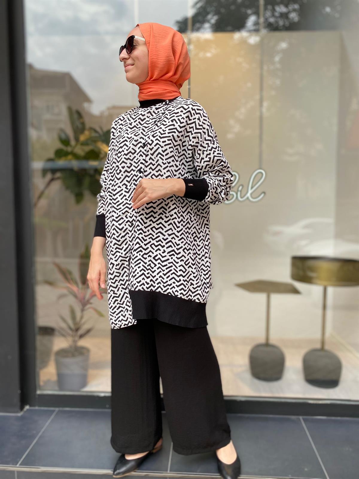 İnvee Asimetrik Gömlek Siyah-Ekru 6122