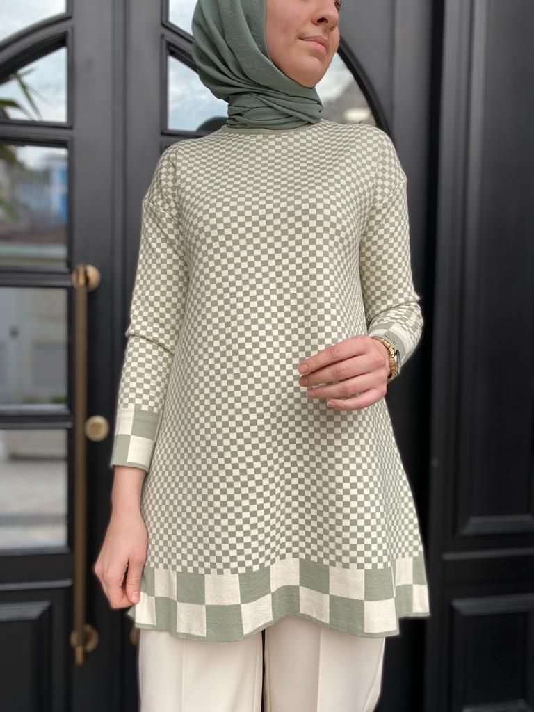 İnvee Dama Desenli Çağla Rengi Triko Tunik 6873