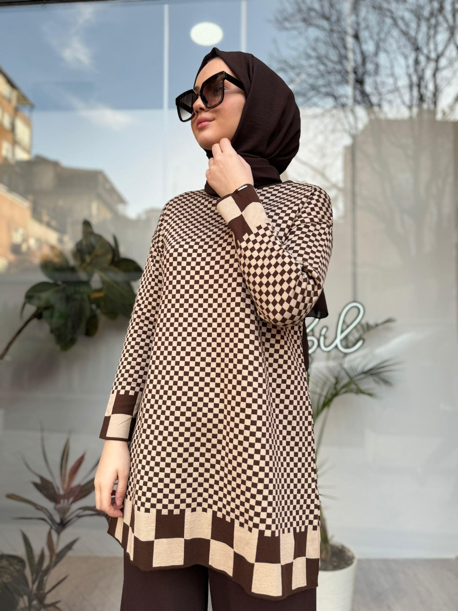 İnvee Dama Desenli Kahve-Bej Triko Tunik 6873