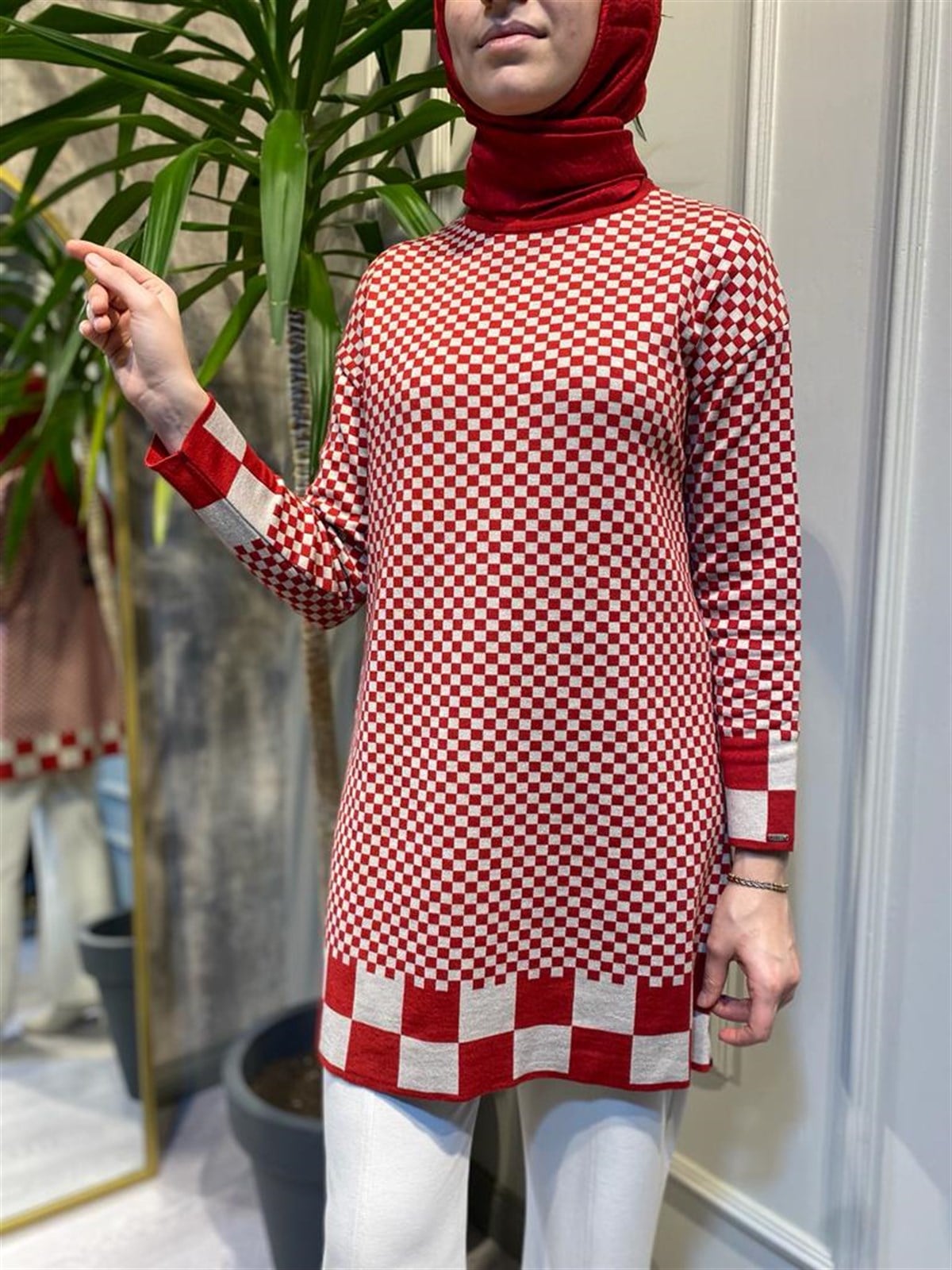 İnvee Dama Desenli Kırmızı-Taş Triko Tunik 6873
