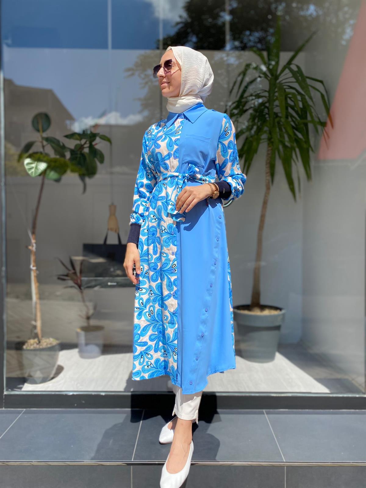 İnvee Desenli Elbise Saks 6636