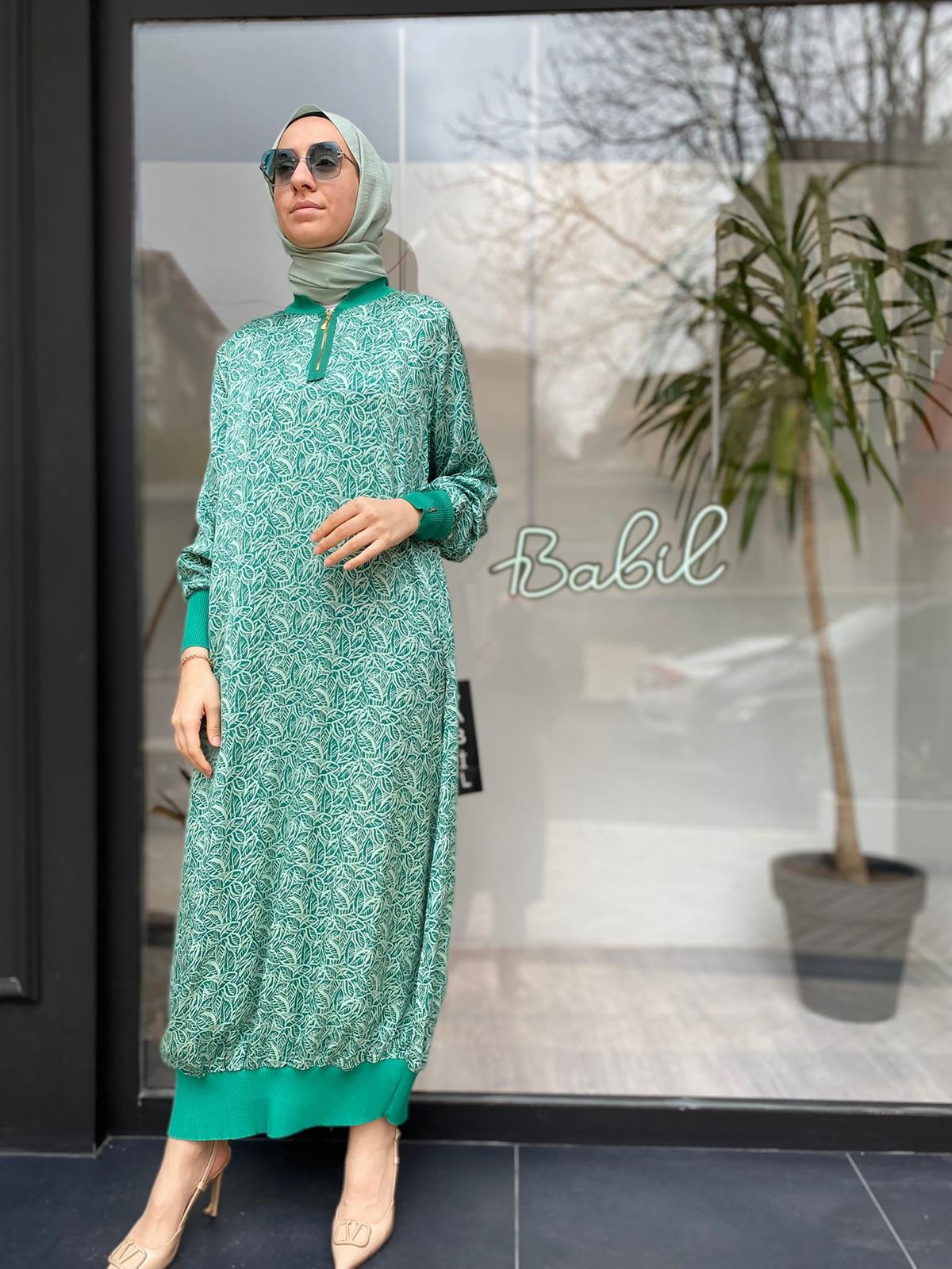 Invee Fermuar Detaylı Yaprak Desenli  Yeşil Elbise 6892