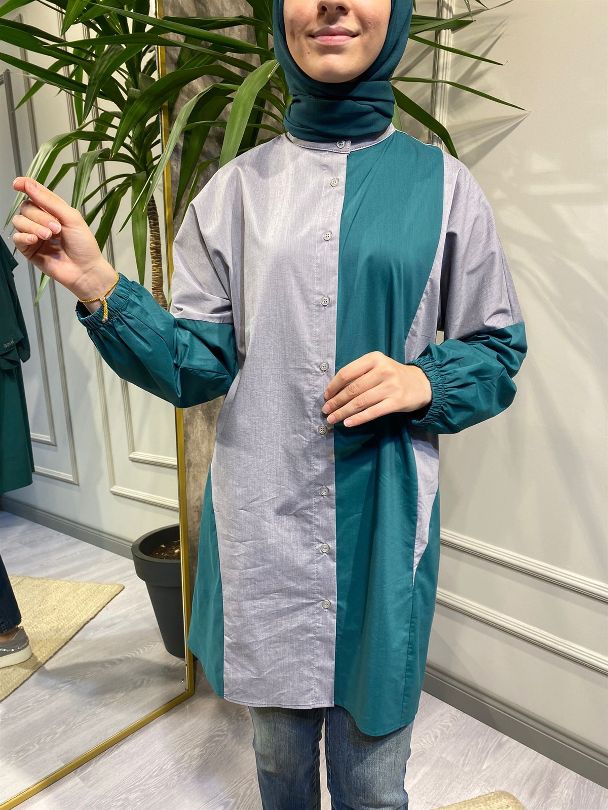 İnvee İki Renkli Gömlek Yeşil Gri 6797