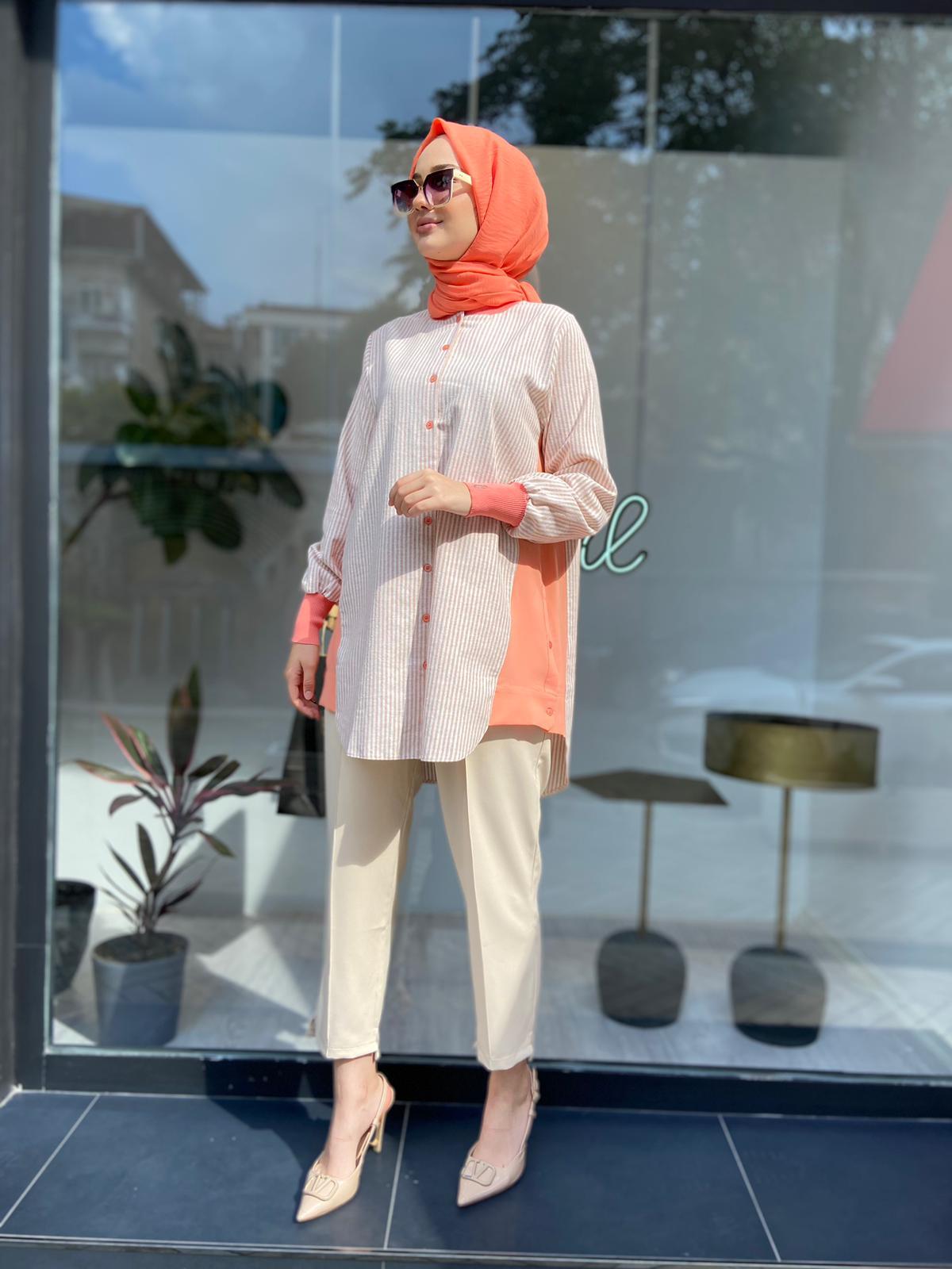 İnvee Kontrast Müslin Oranj Gömlek 6674