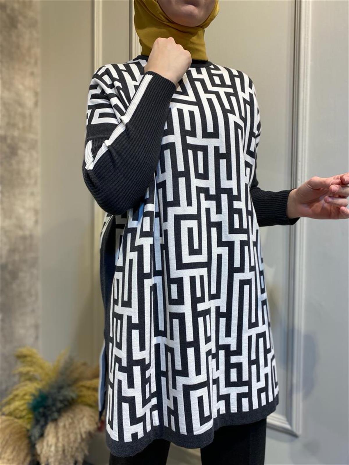 İnvee Labirent Triko Antrasit-Ekru Tunik 6872
