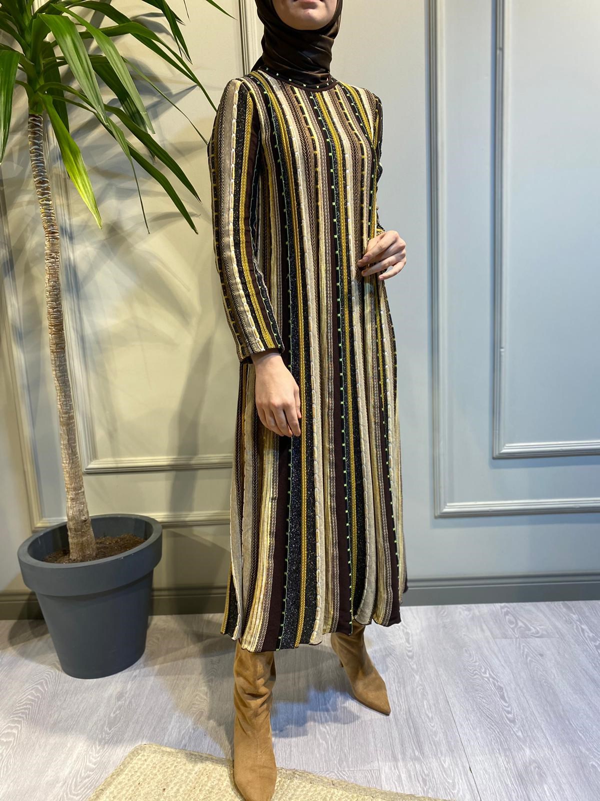 イヴ İnvee Şerit Elbise Kahve 5875 - Babilbutik