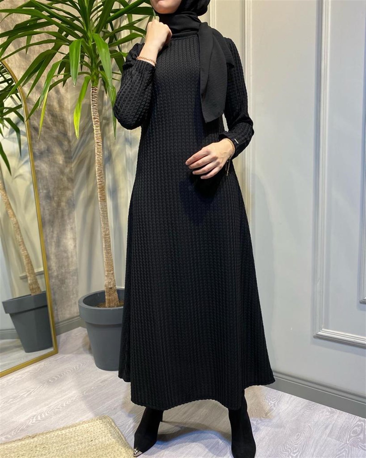 İnvee V Desen Elbise Siyah 6856