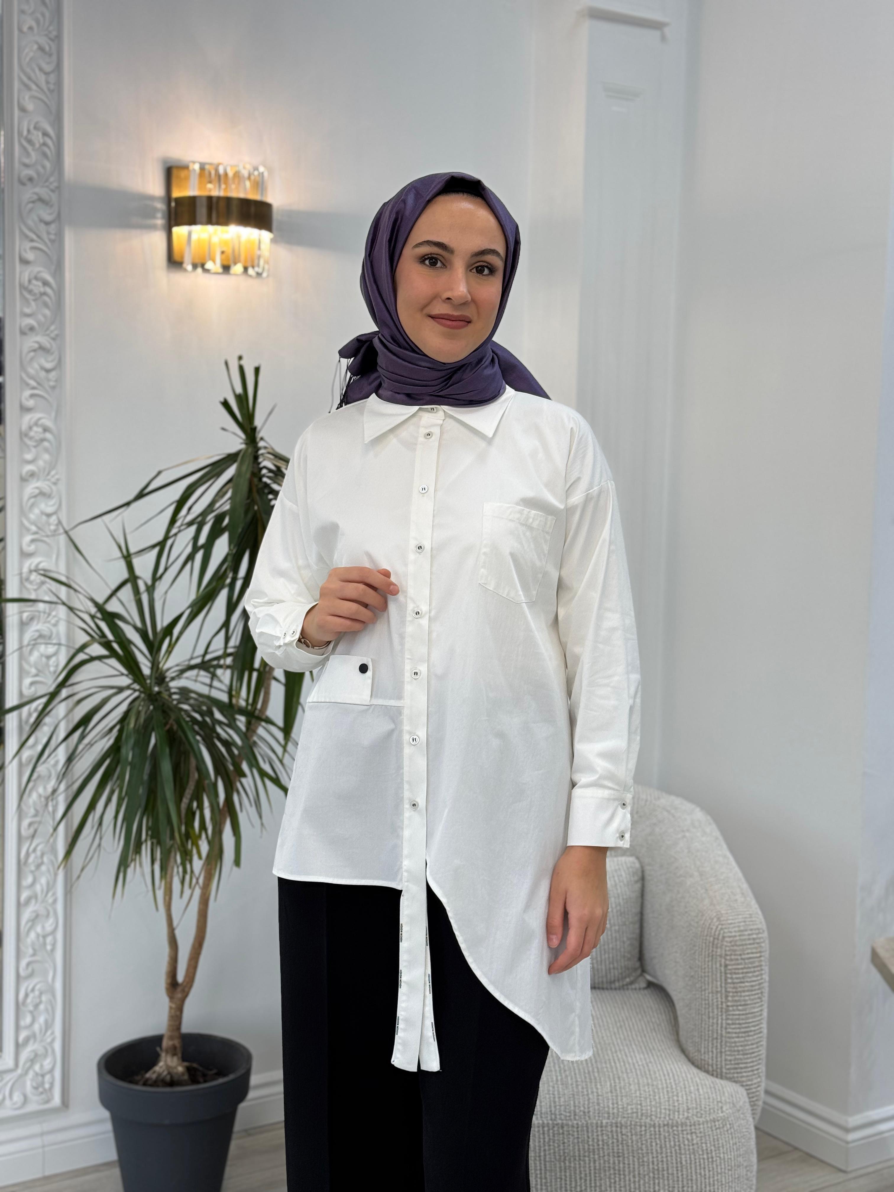 Kahma Asimetrik Kesim Gömlek Beyaz 24y18057