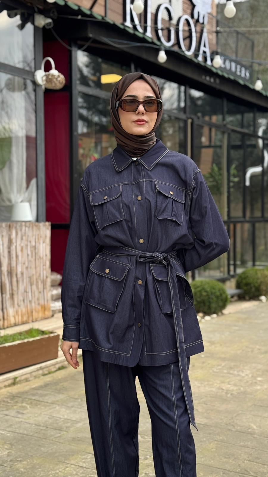 Kahma Cepli Kuşaklı Denim Oversize Ceket 26y25306