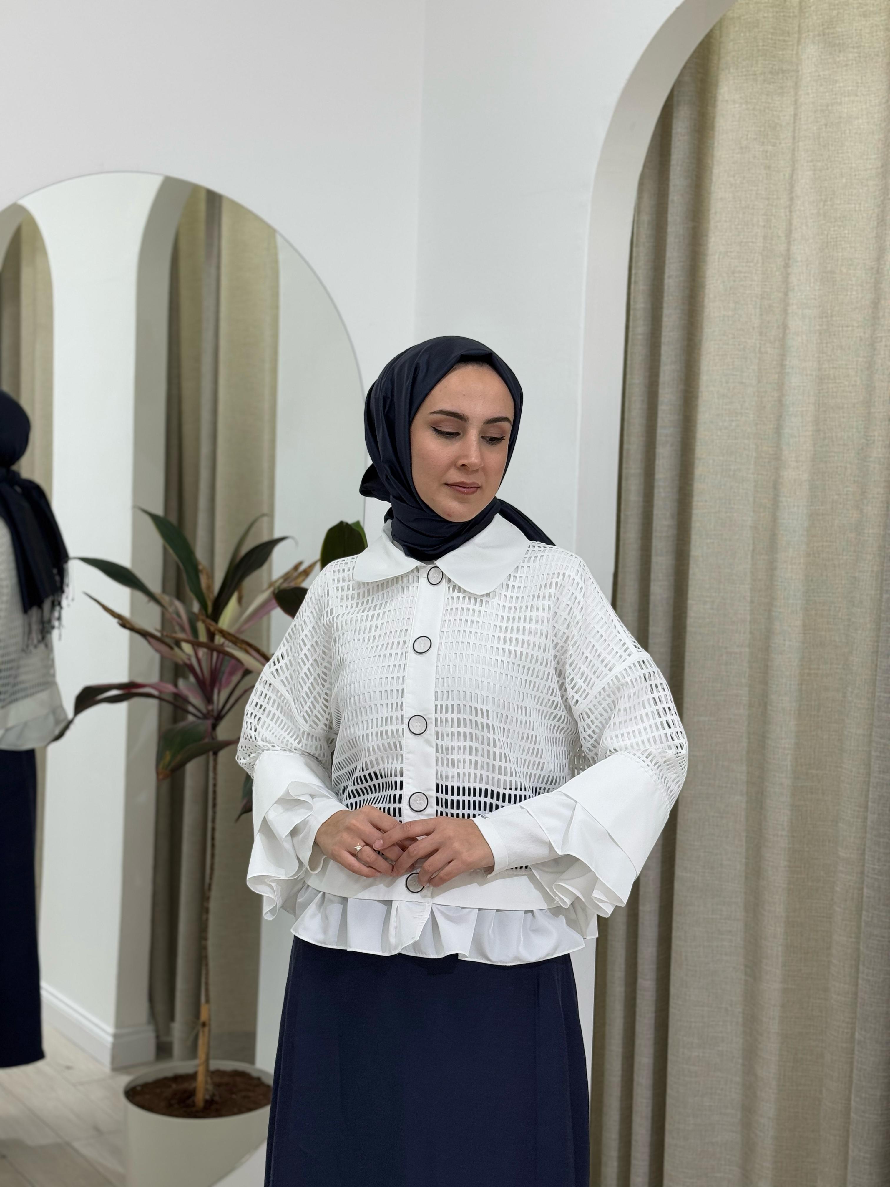 Kahma Düğme Detaylı File Ceket Beyaz 25y14150