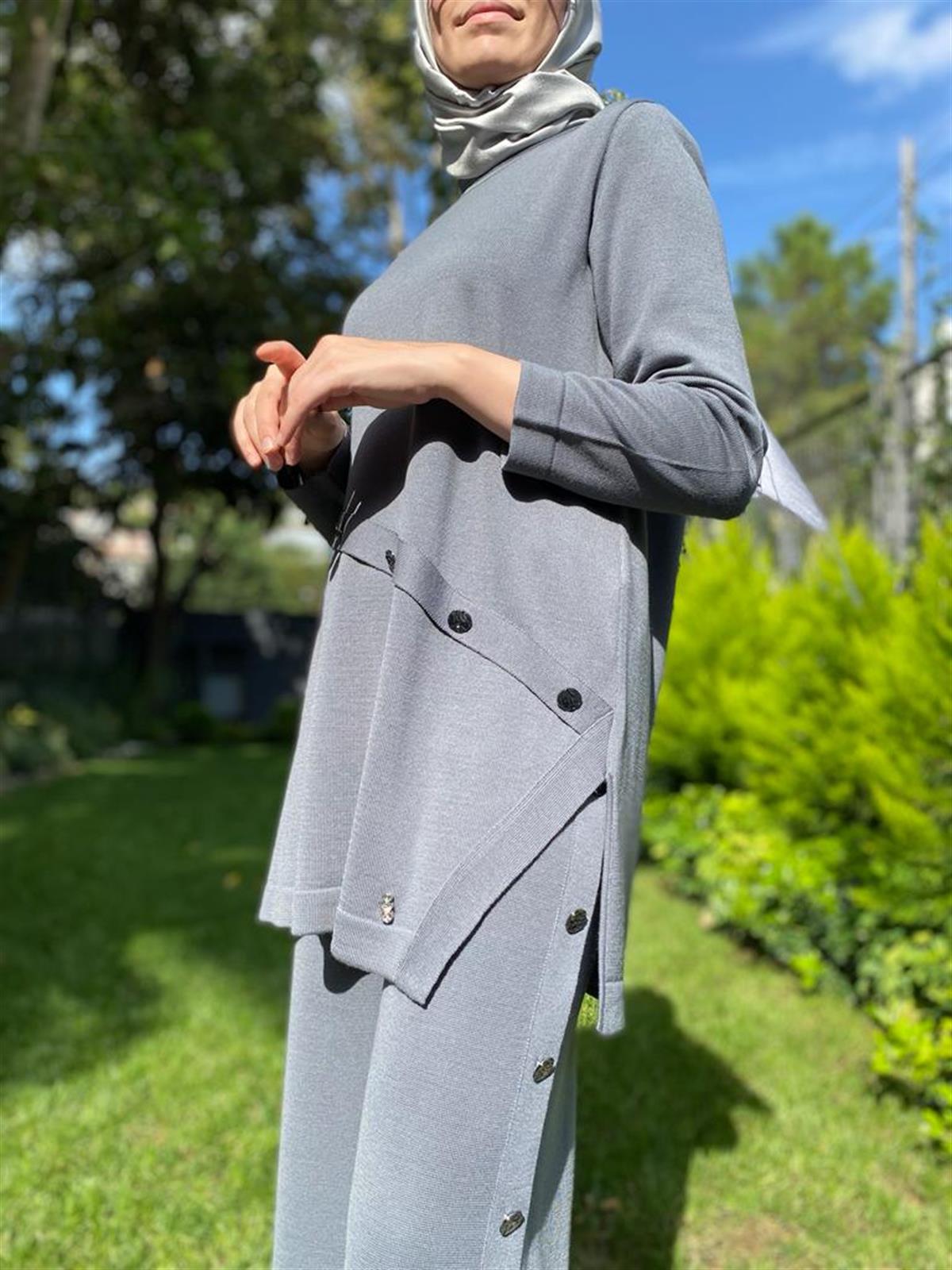 Miss Dalida Düğme Aksesuarlı Triko Tunik Koyu Gri  t24k-6015