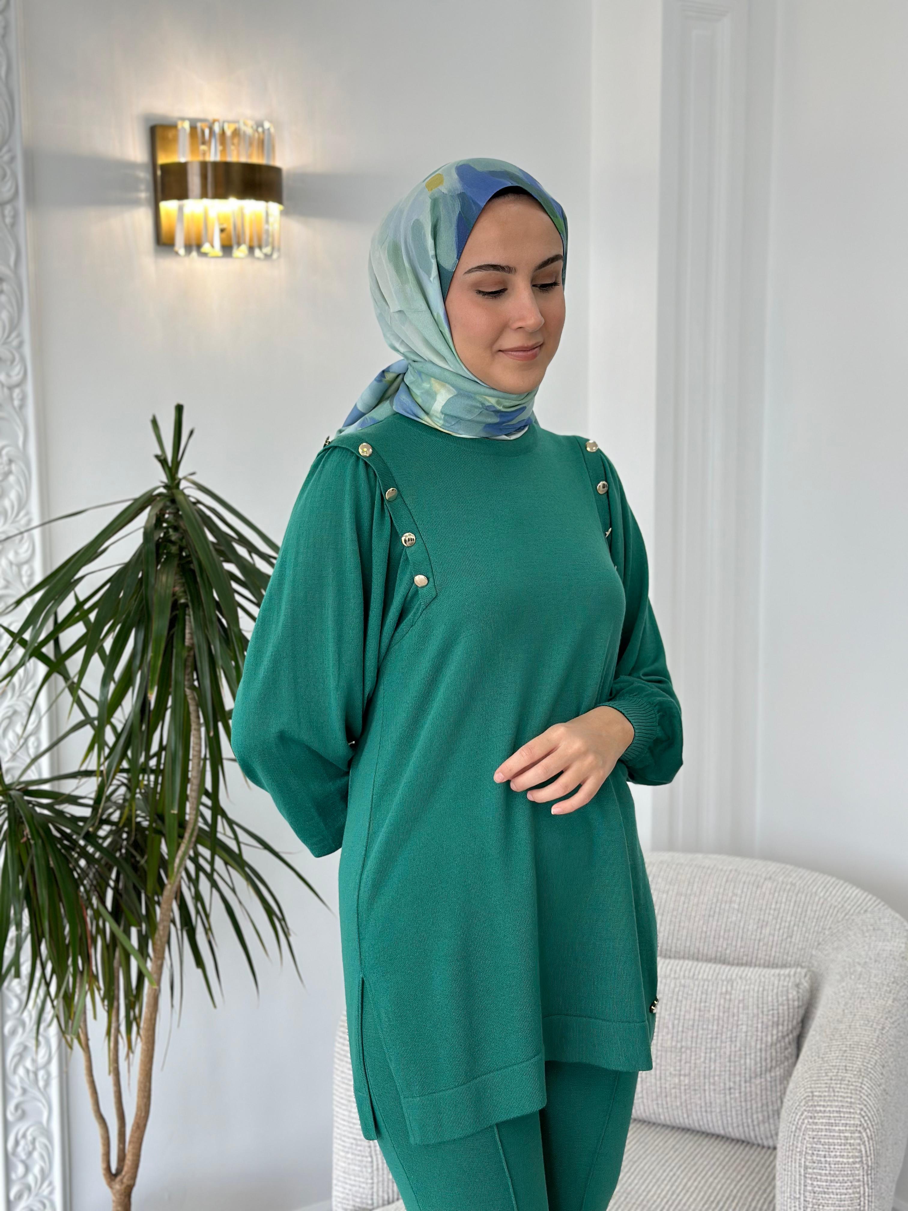 Miss Dalida Düğme Detaylı Balon Kollu Tunik Zümrüt t24k-6026