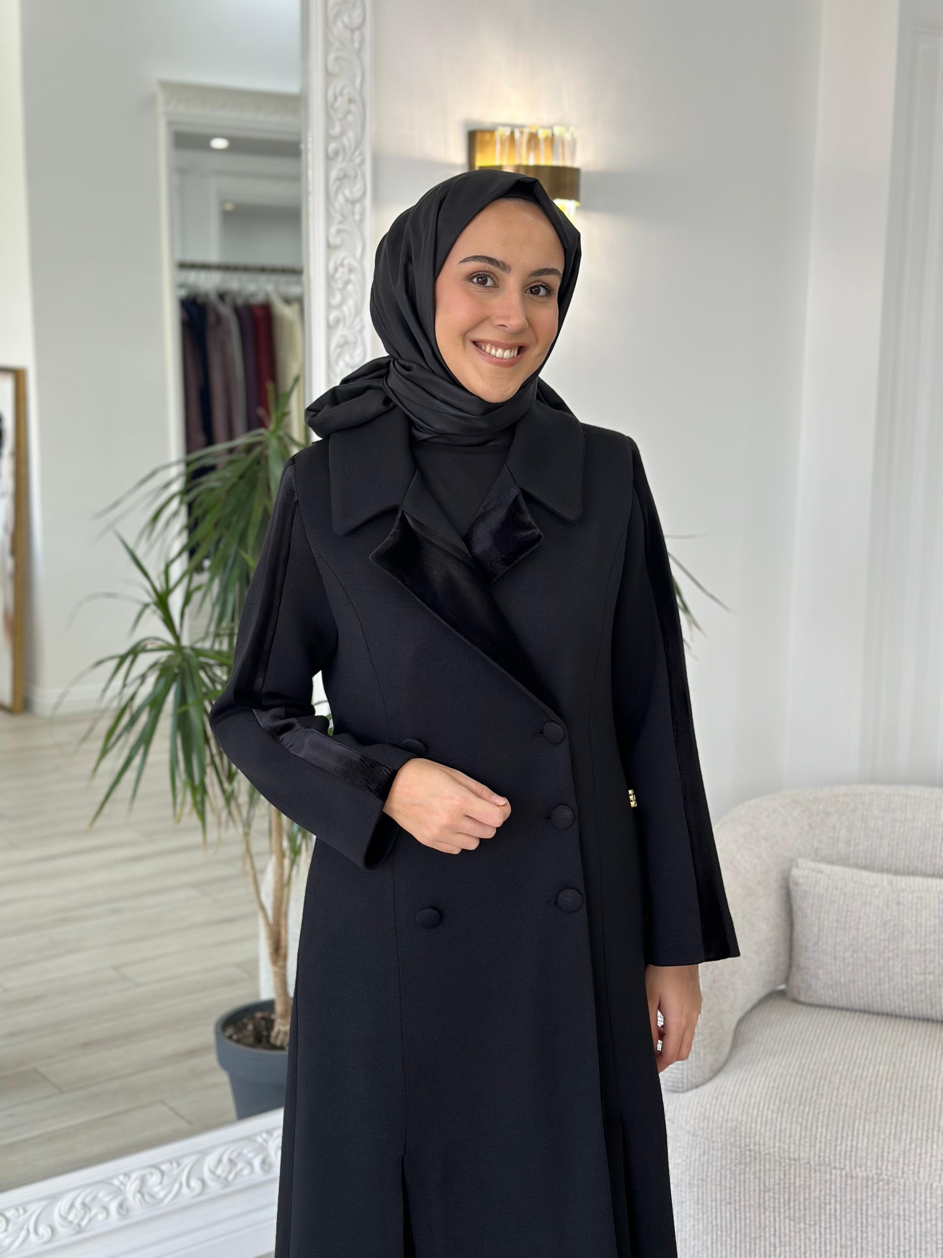 Miss Dalida Kadife Detaylı Triko Manto Siyah t24k-8005 - Babilbutik