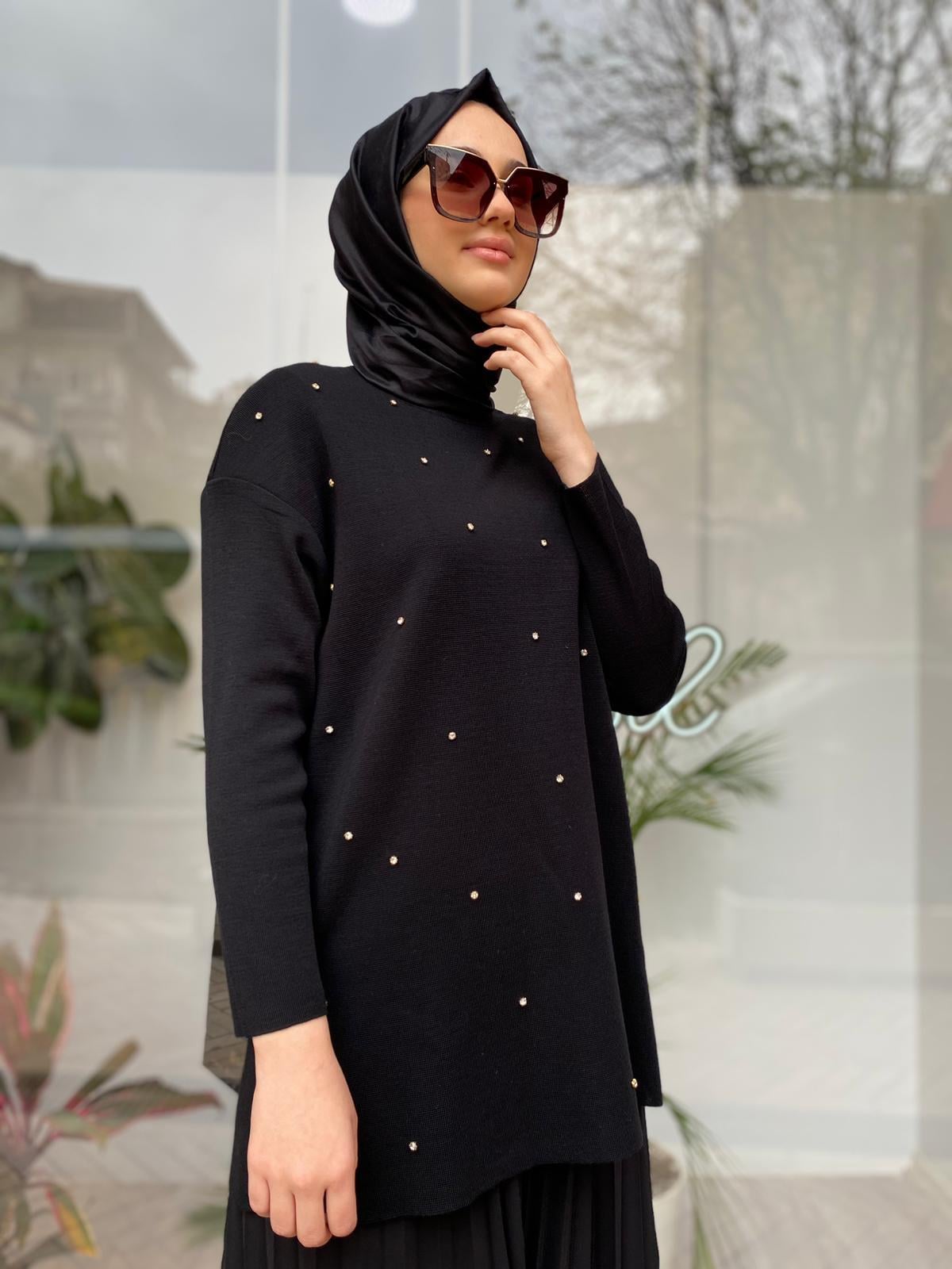 Miss Dalida Önü Taşlı Basic Tunik Siyah t24k-6024