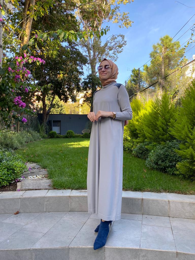 Miss Dalida Parlak Taşlı Elbise Gri t24k-4009