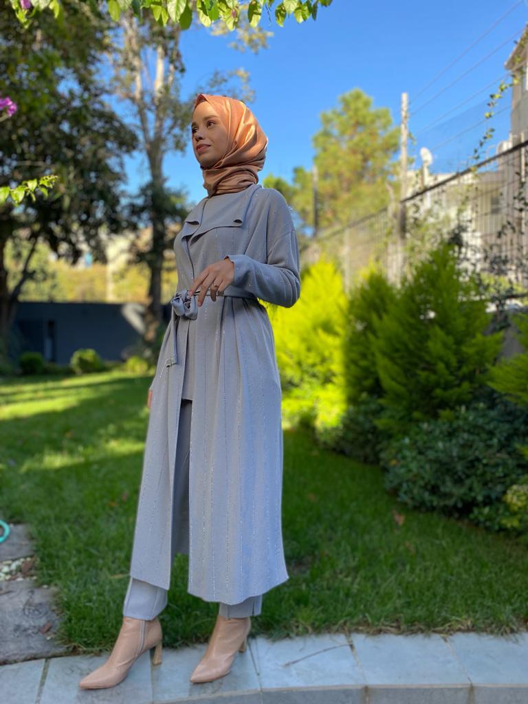 Miss Dalida Taş Detaylı Şal Yaka Uzun Hırka Villa Gri 