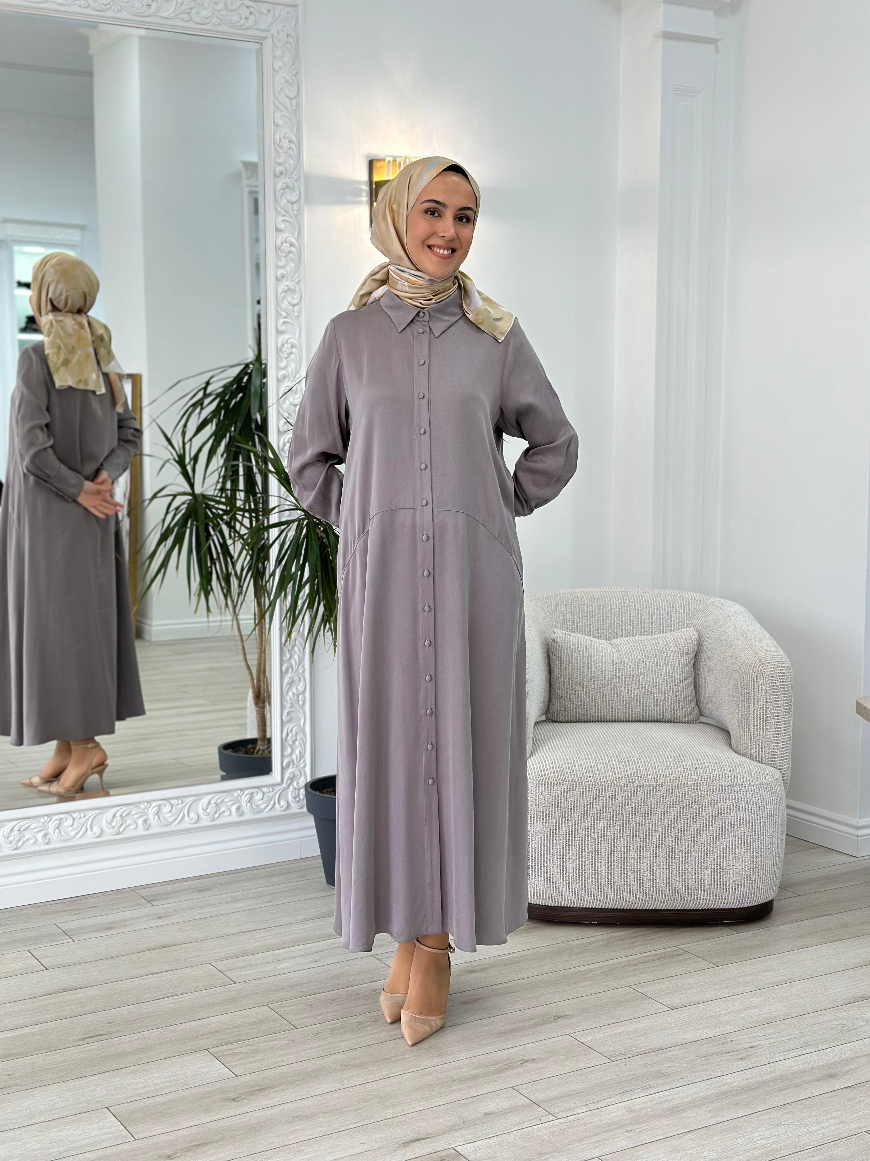 Miss Dalida Uzun Cupro Elbise Vizon t24k-4006 - Babilbutik