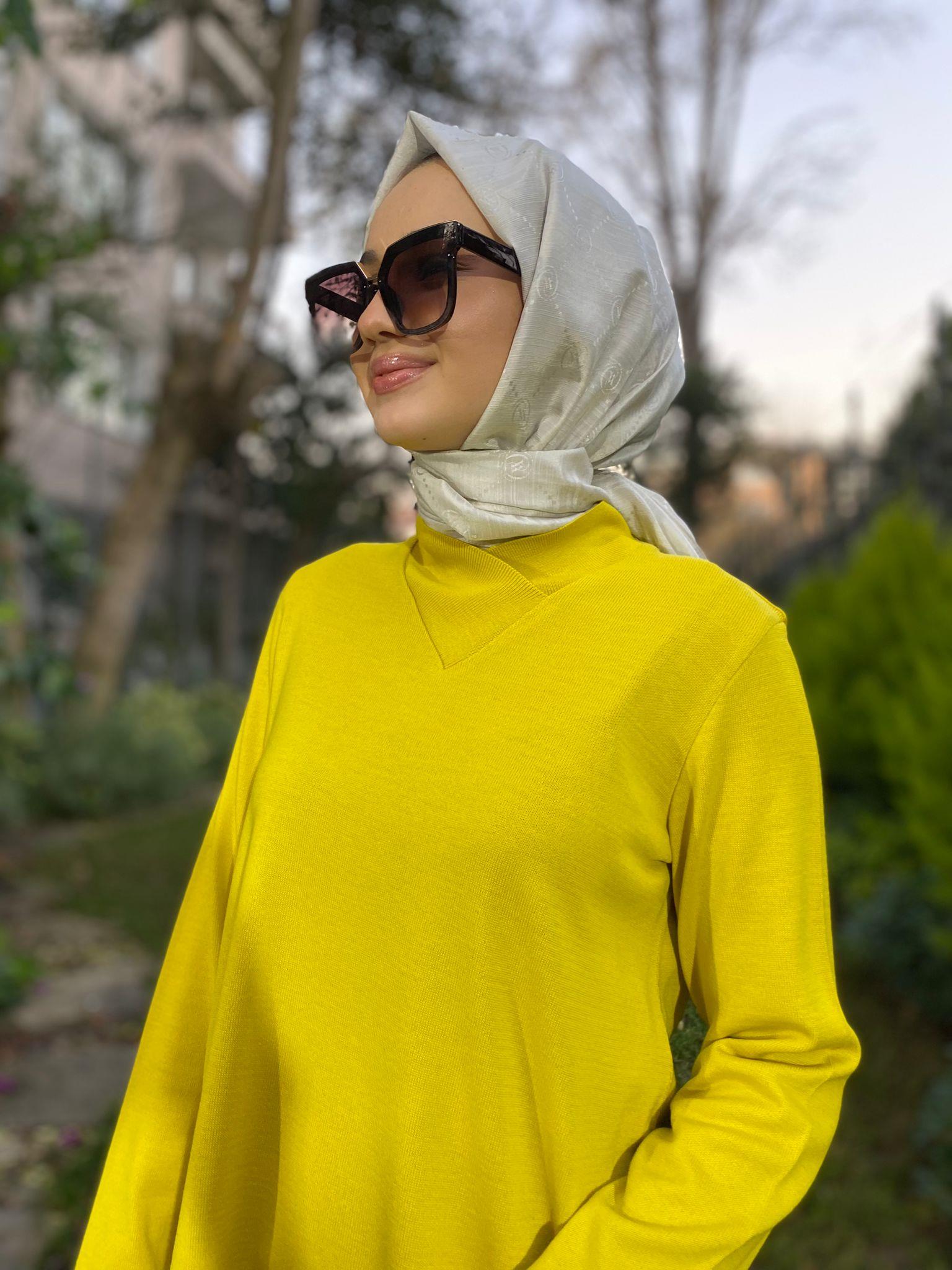 Miss Dalida V Yaka Triko Tunik Etika Yellow t24k-6011