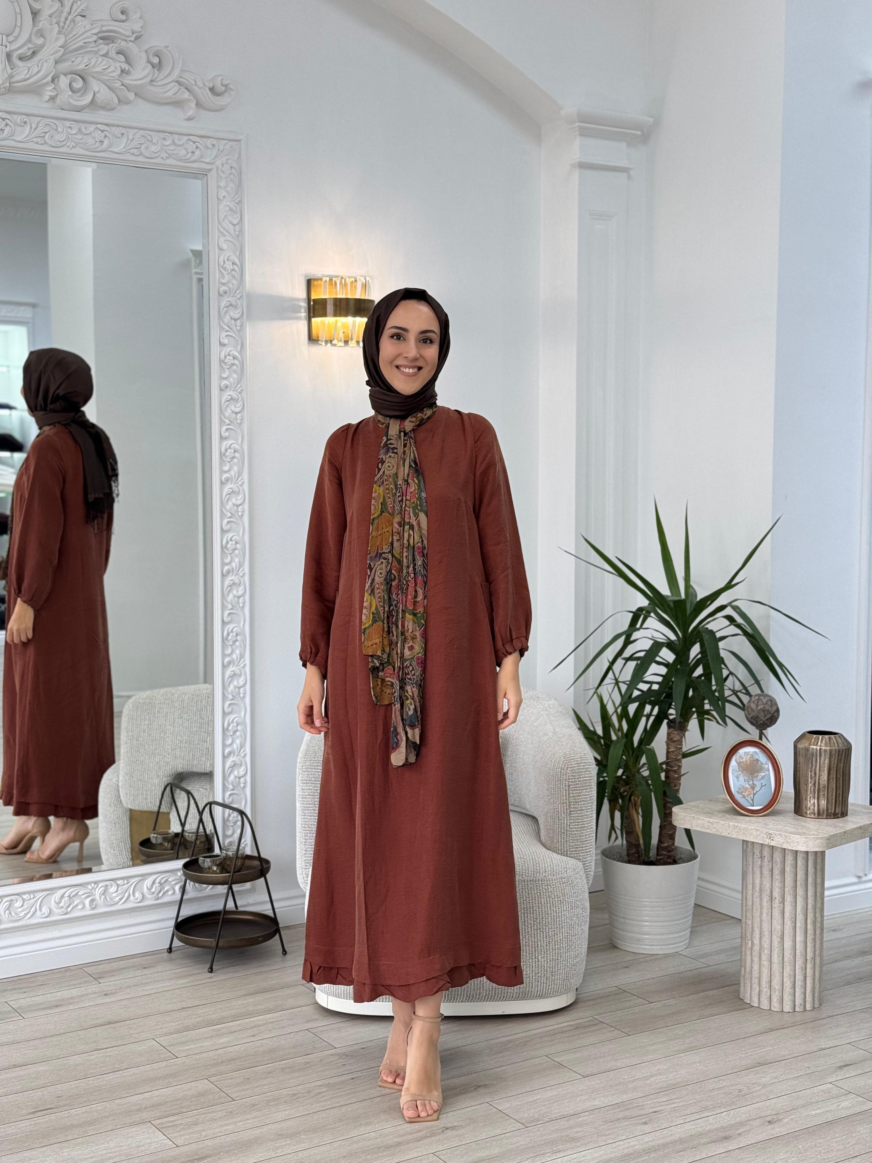 Misswhence Arkası Fermuar Detaylı Keten Elbise Tarçın v3135