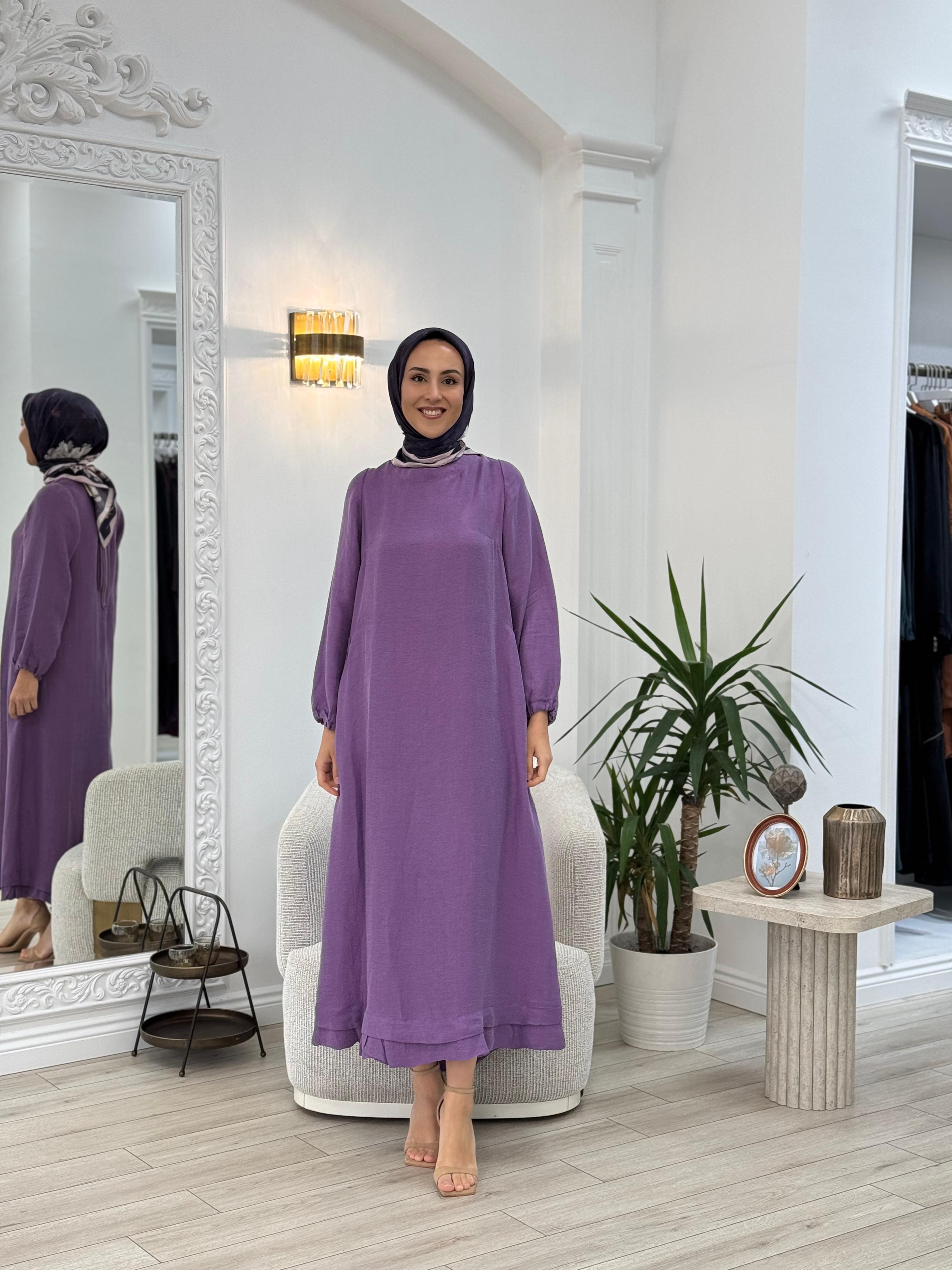 Misswhence Arkası Fermuar Detaylı Keten Elbise Lila v3135