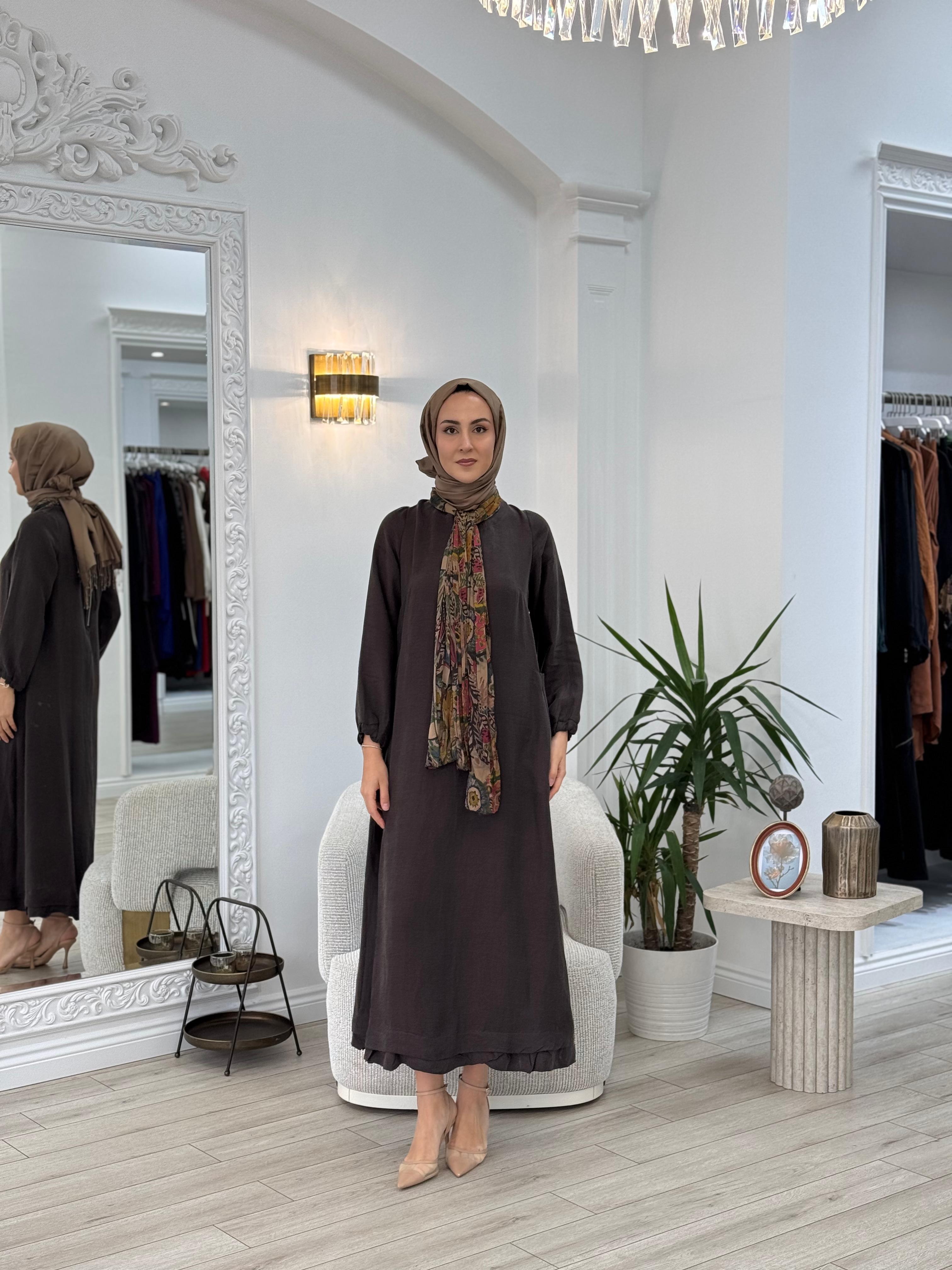 Misswhence Arkası Fermuar Detaylı Keten Elbise Kahve v3135