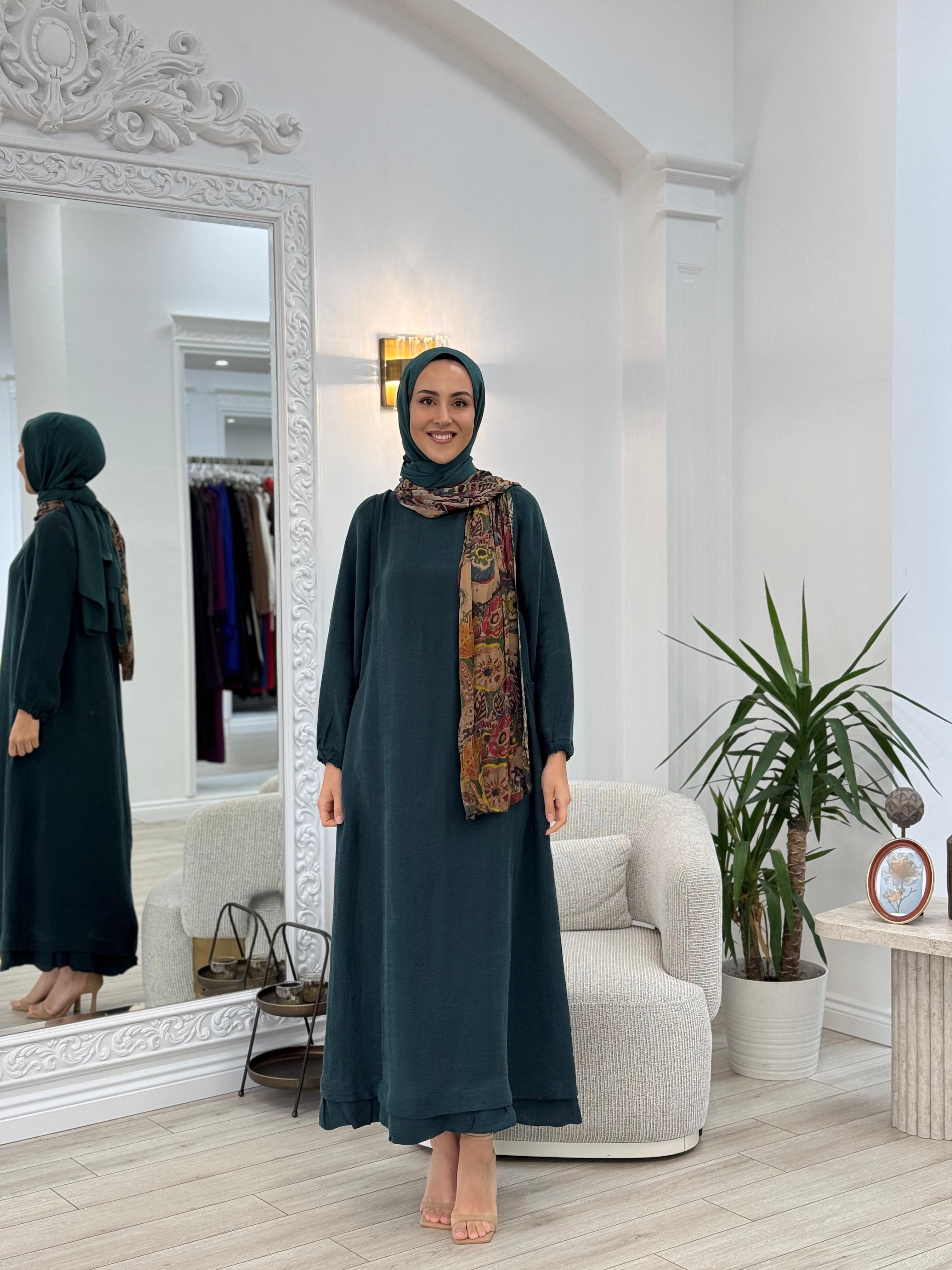 Misswhence Arkası Fermuar Detaylı Keten Elbise Zümrüt v3135