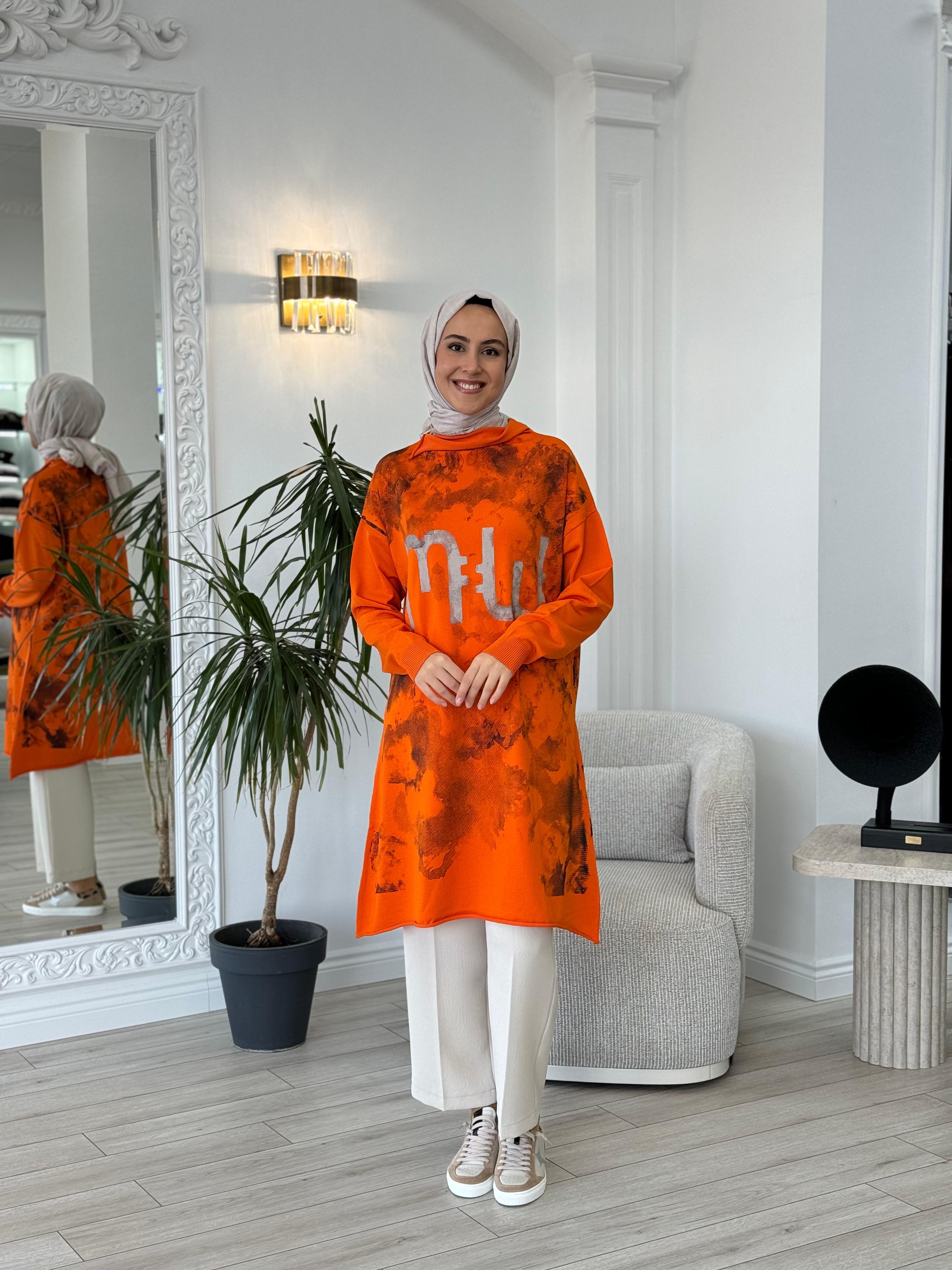 Misswhence Baskılı Triko Tunik Turuncu 36021