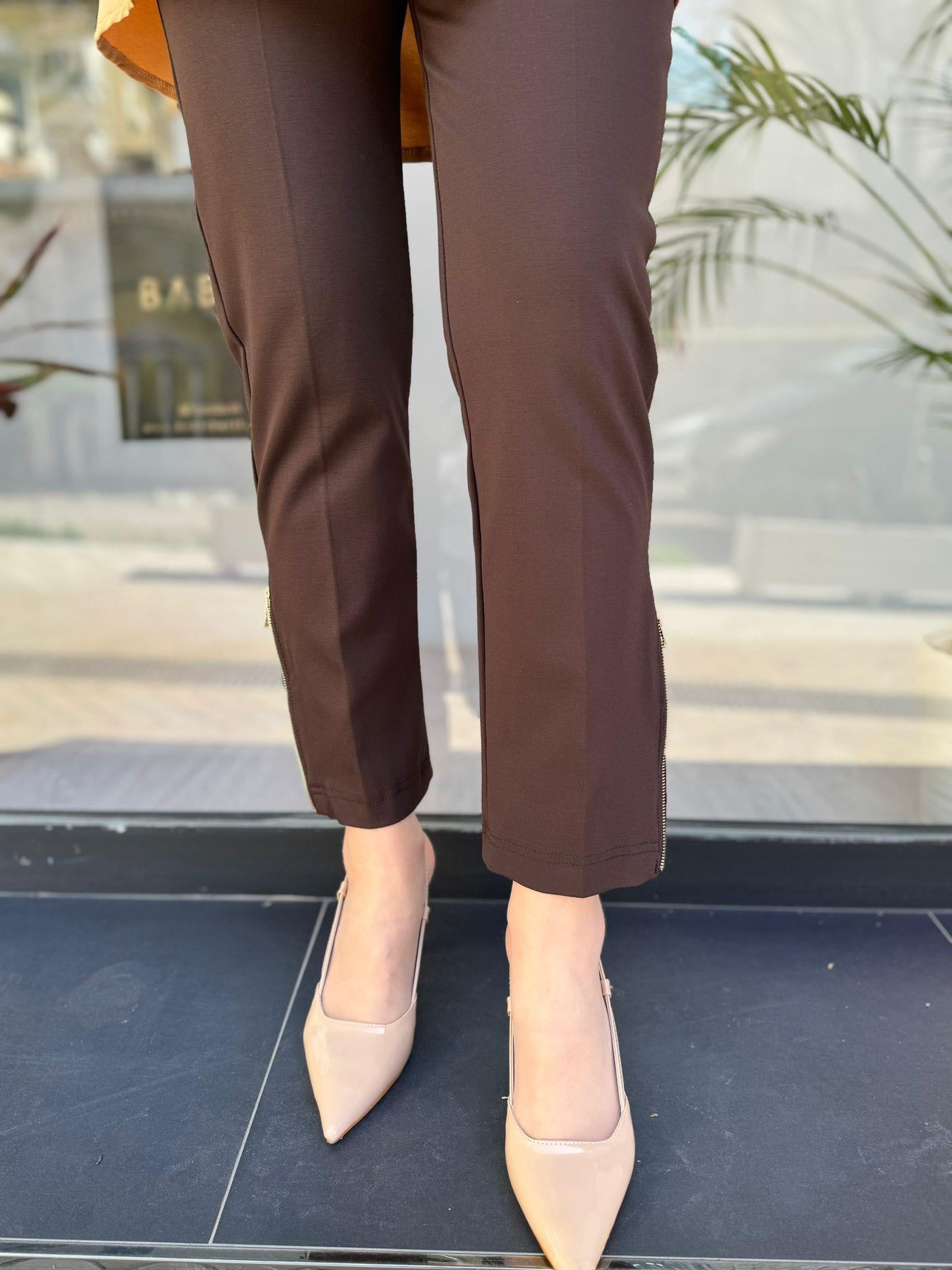 Misswhence Çelik Örme Paça Fermuarlı Pantolon Kahverengi 34101