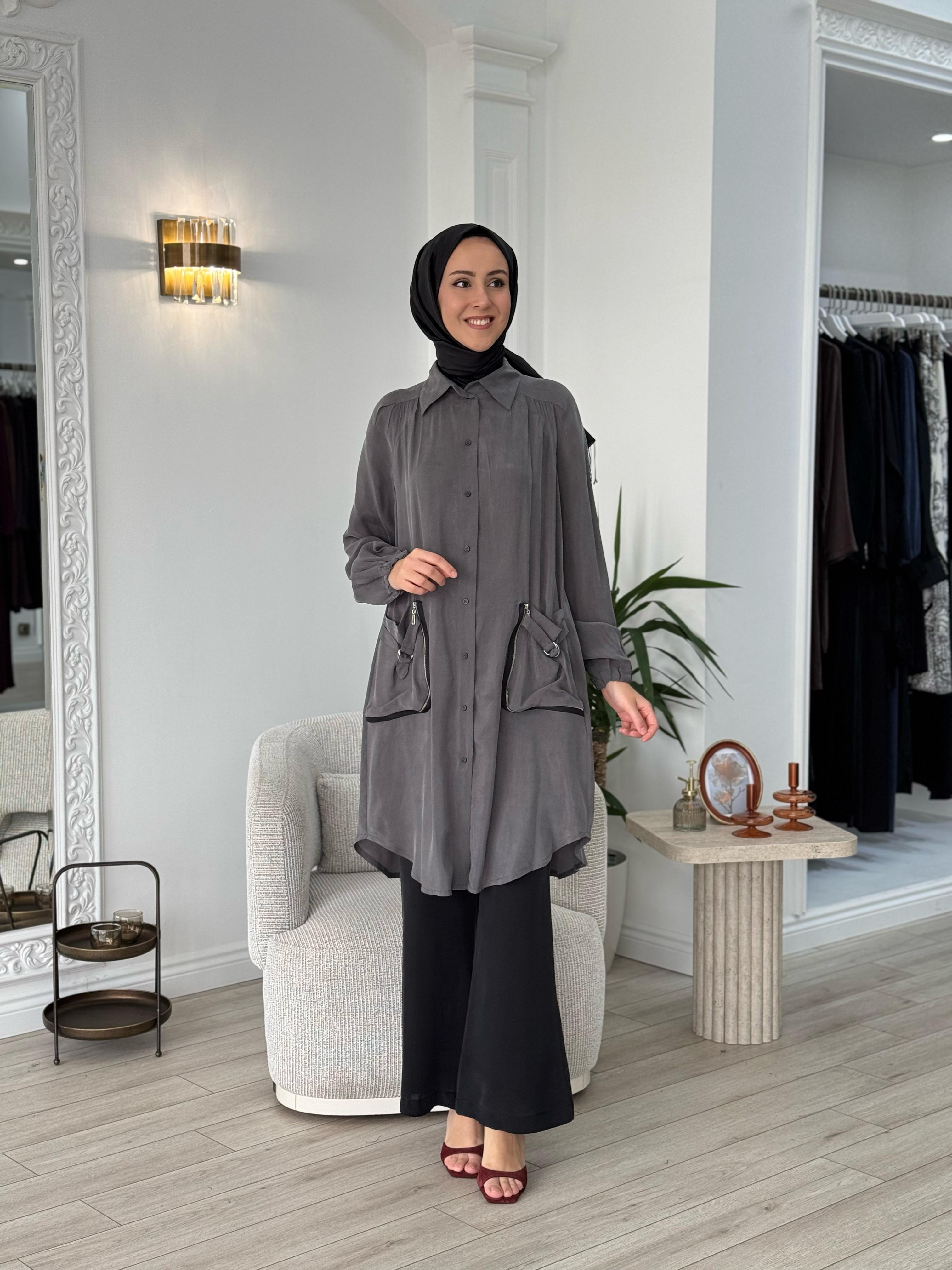 Misswhence Cep Detaylı Cupra Gömlek Gri 37302