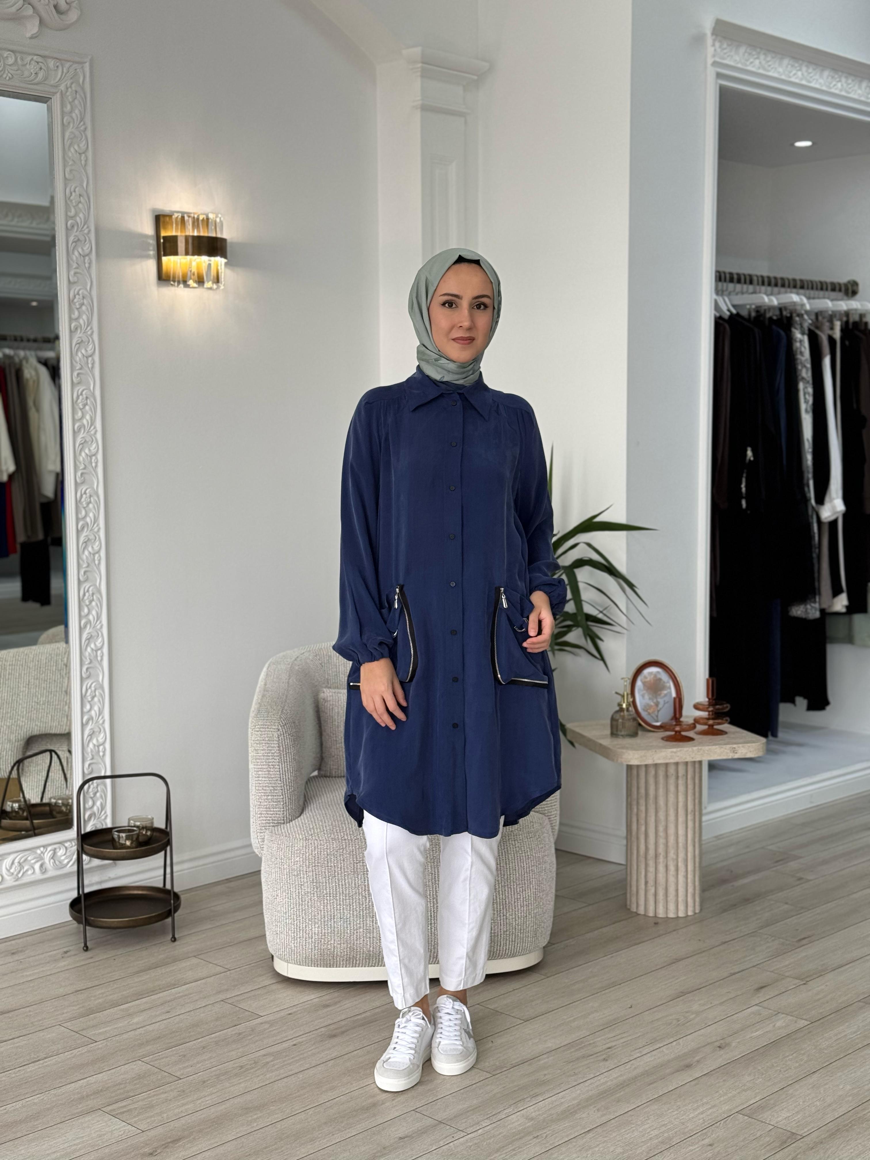 Misswhence Cep Detaylı Cupra Gömlek İndigo 37302