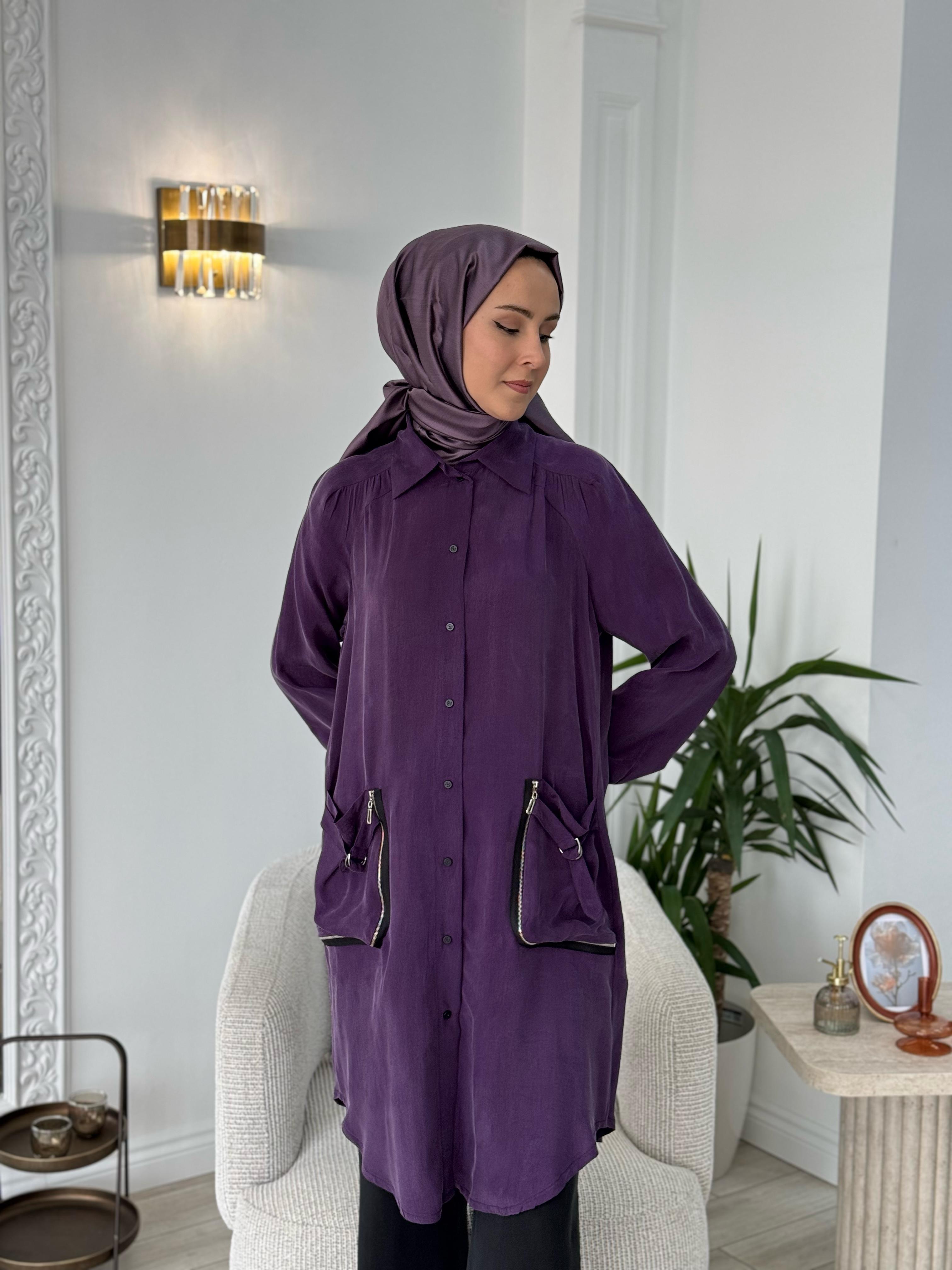 Misswhence Cep Detaylı Cupra Gömlek Mor 37302