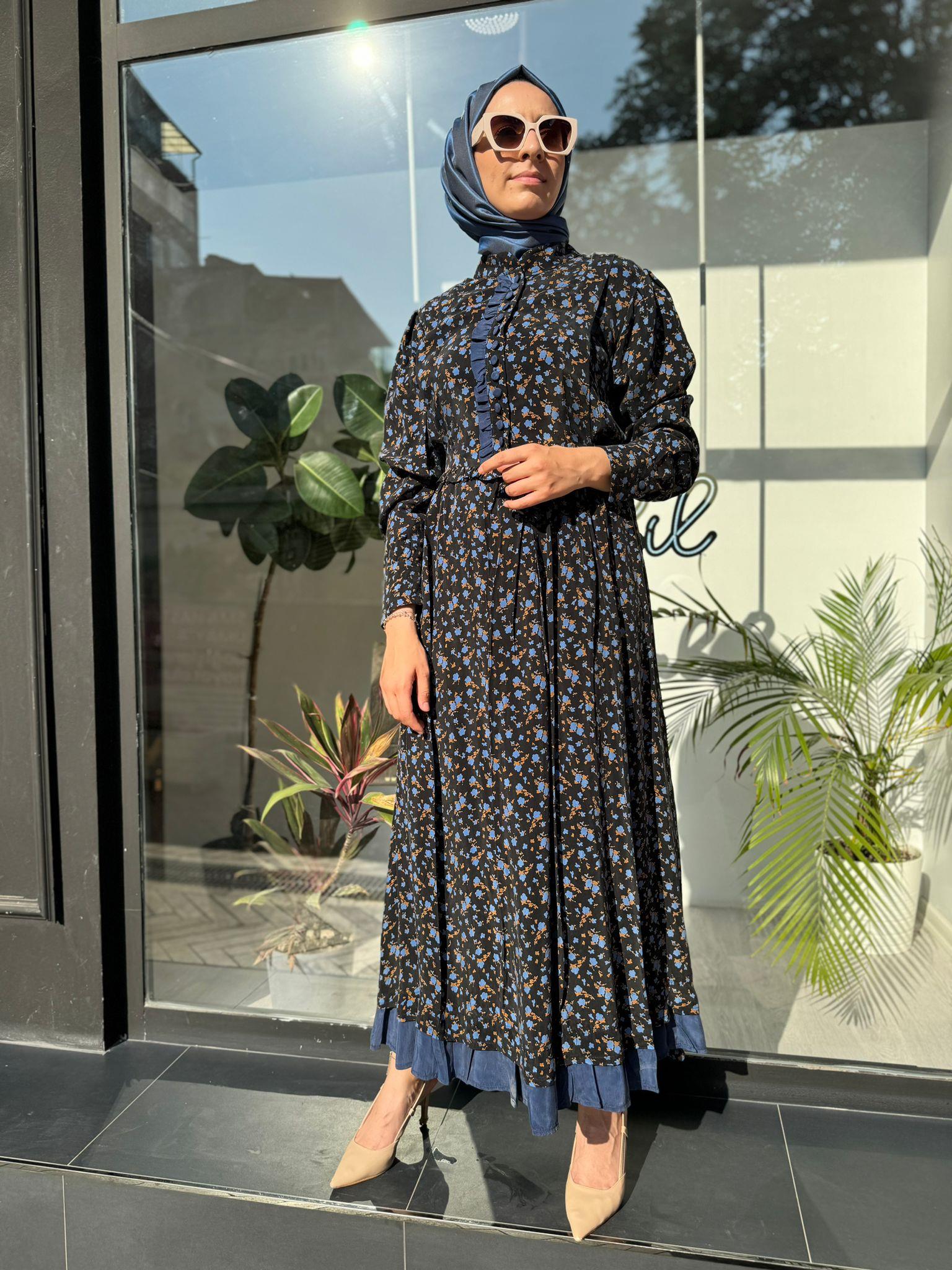 Misswhence Çiçek Desenli Elbise Mavi 35819