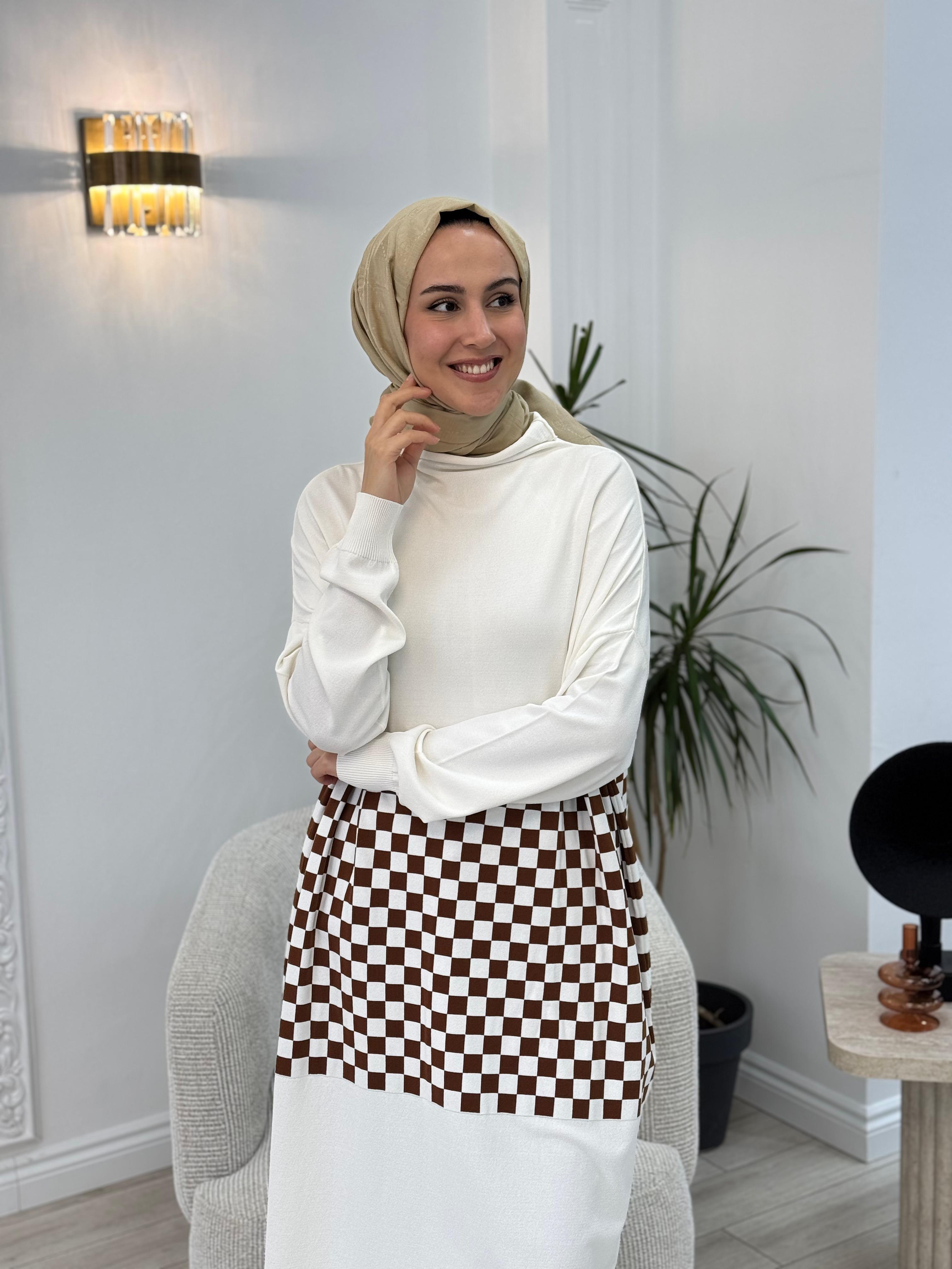 Misswhence Damalı Taba Triko Tunik Beyaz 32029 