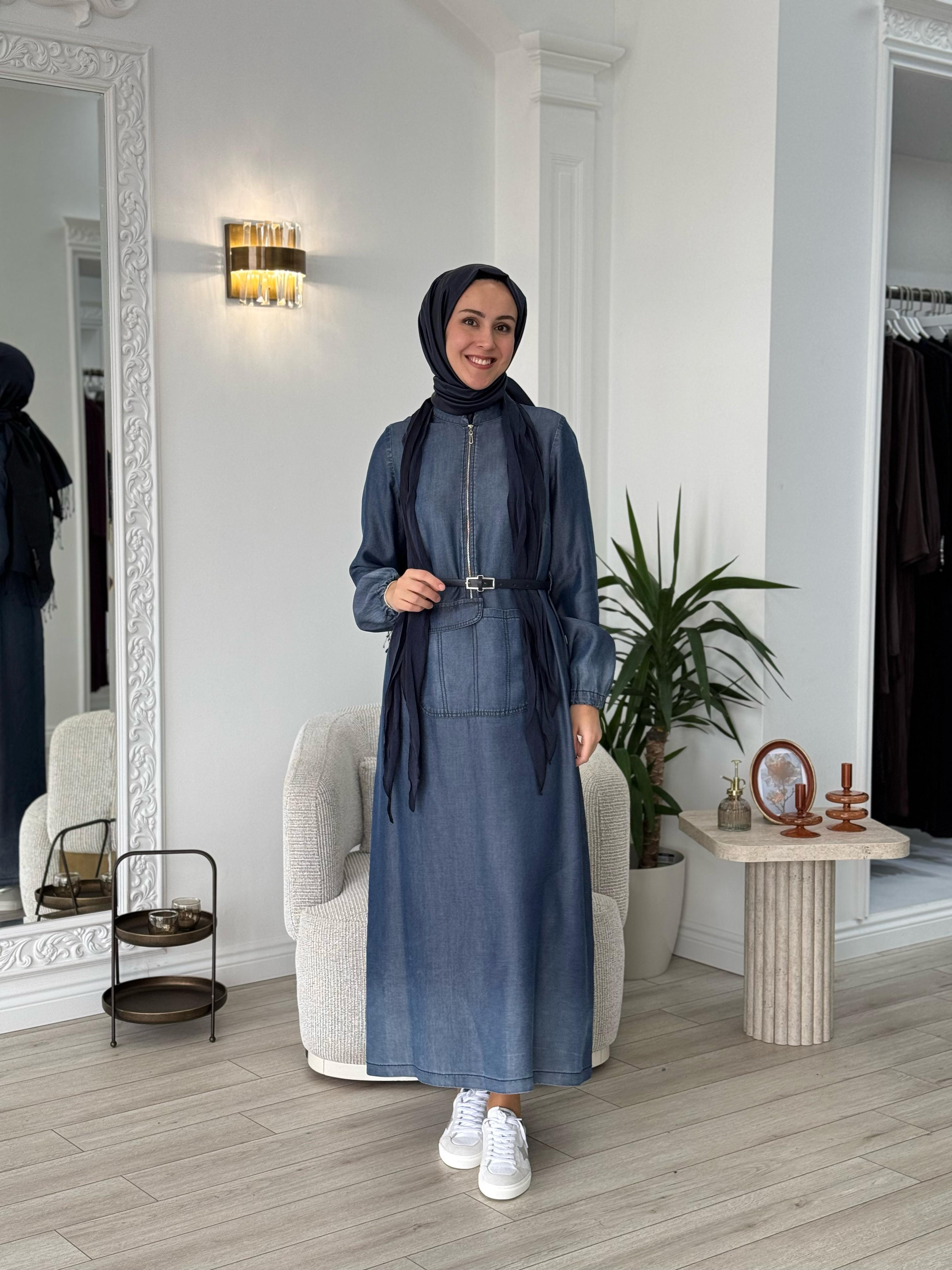 Misswhence Deri Kemerli Şallı Elbise Lacivert 37804