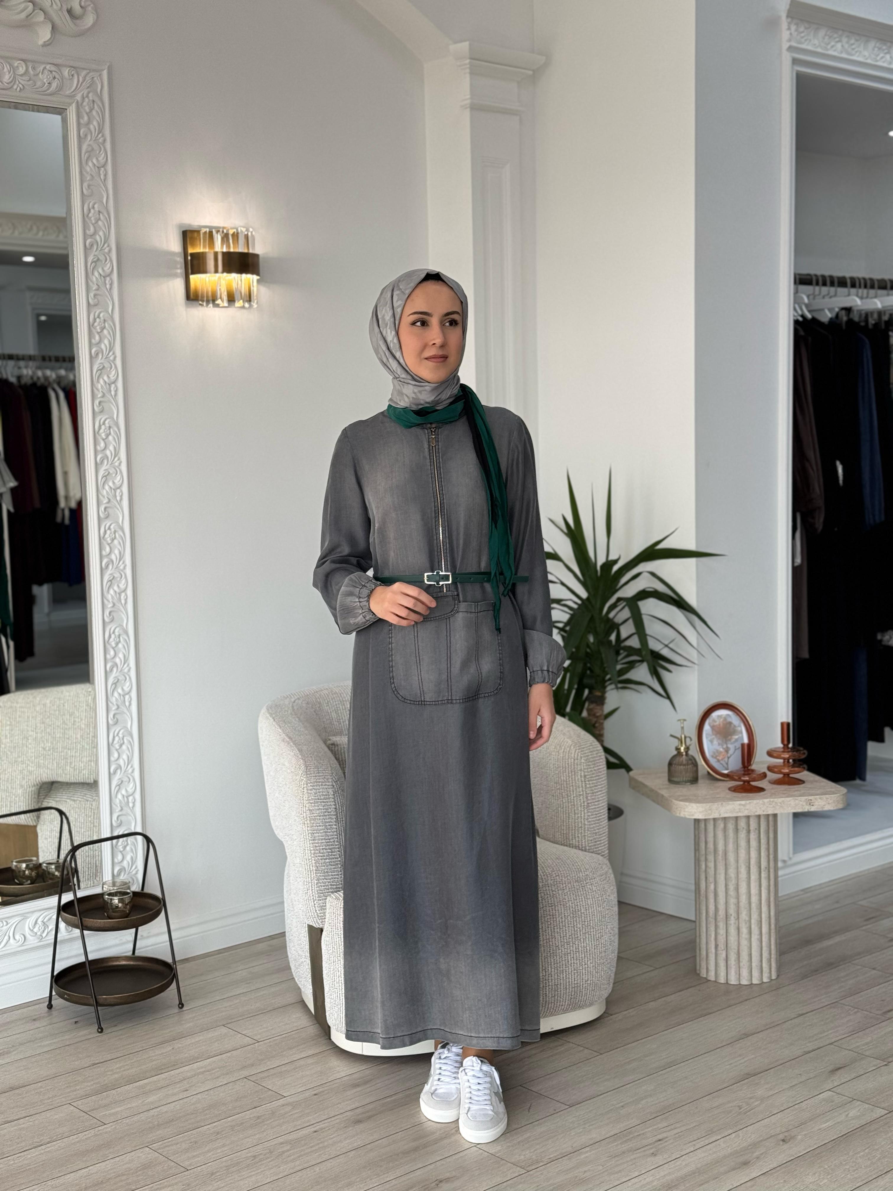 Misswhence Deri Kemerli Şallı Elbise Siyah 37804
