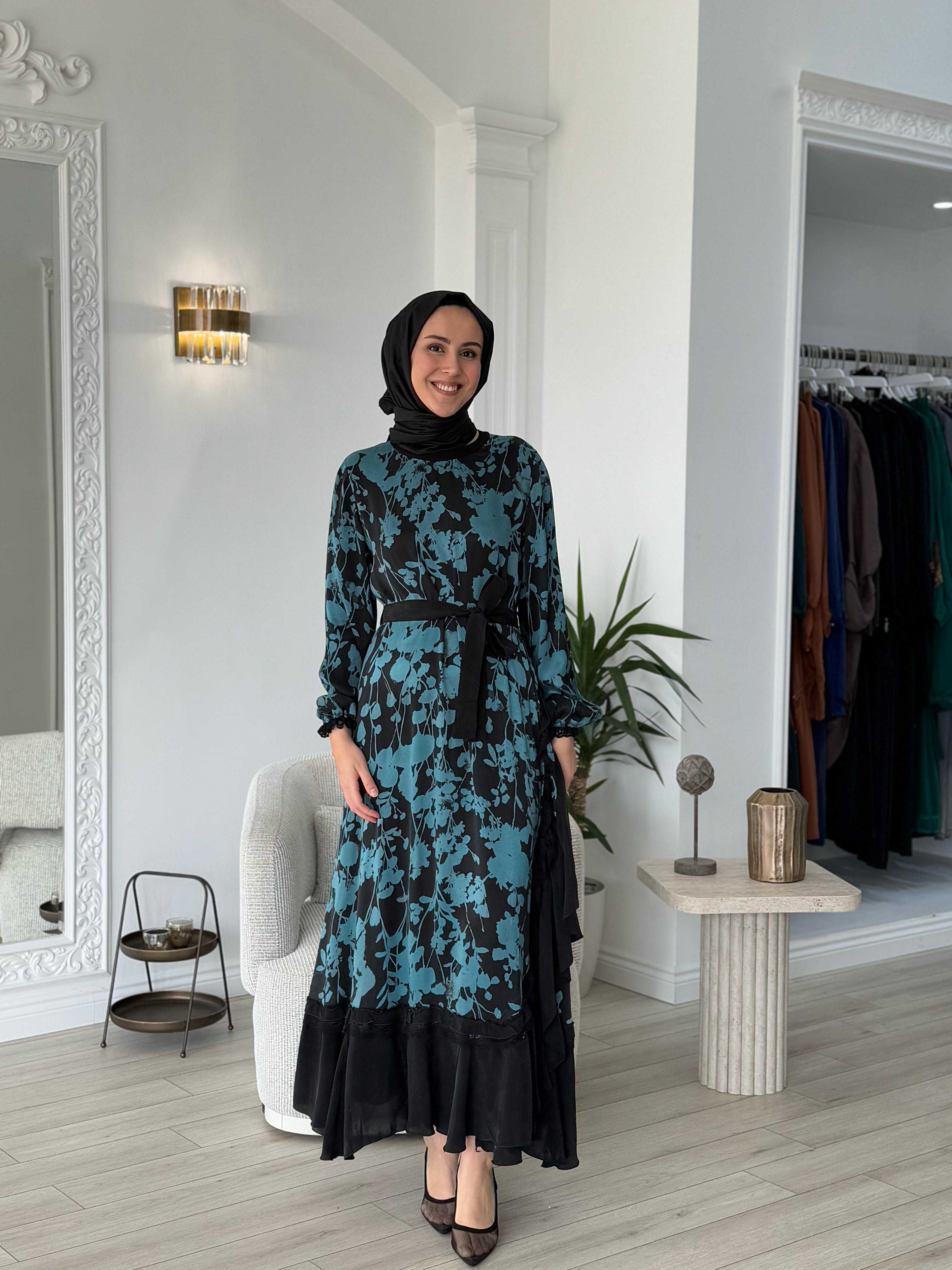 Misswhence Desenli Cupra Elbise Turkuaz 37832