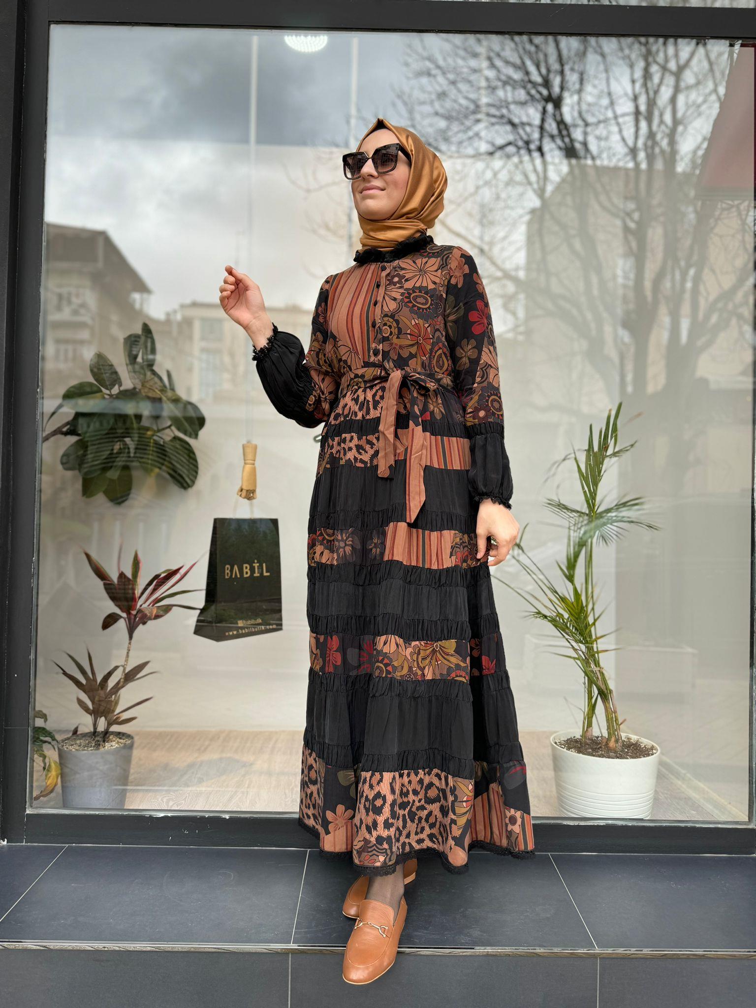 Misswhence Desenli İpek Elbise Kahve 35809