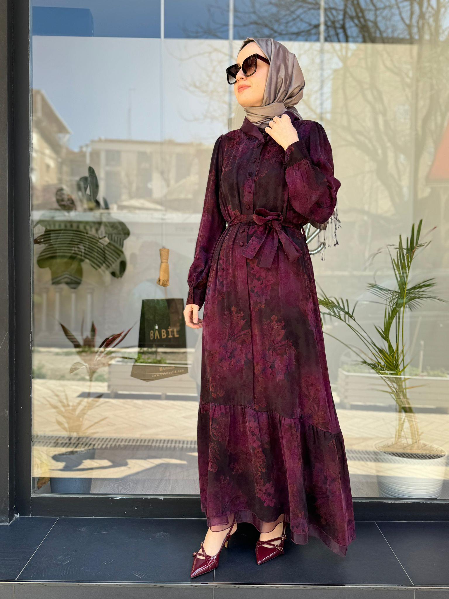 Misswhence Desenli Mürdüm İpek Elbise 34821