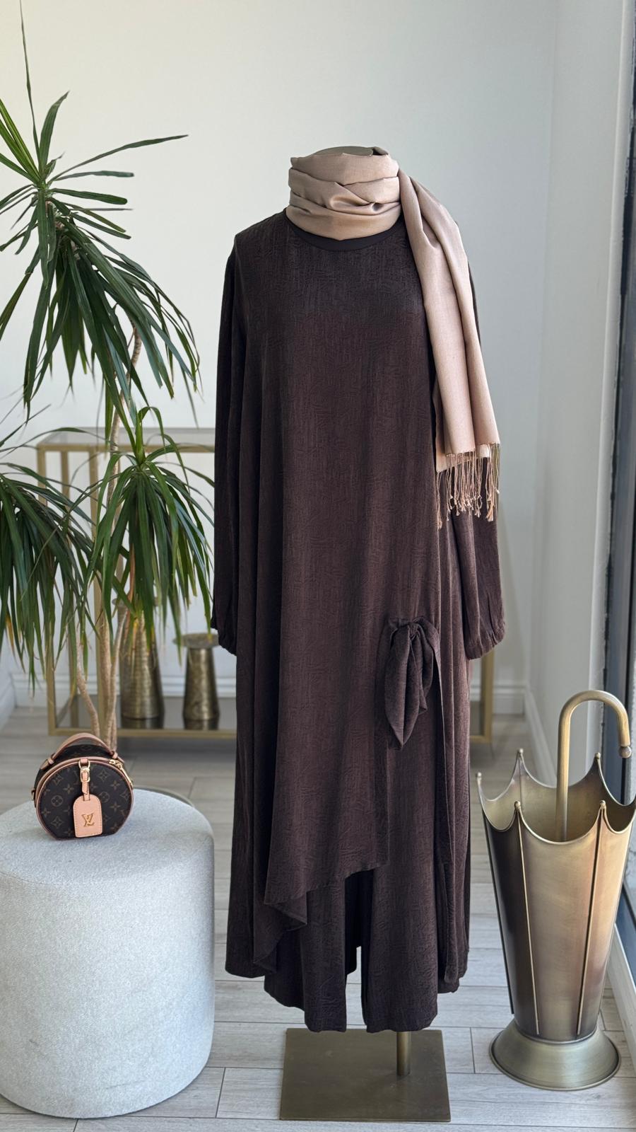 Misswhence Desenli Uzun Tunik-Pantolon Takım Kahverengi 36019