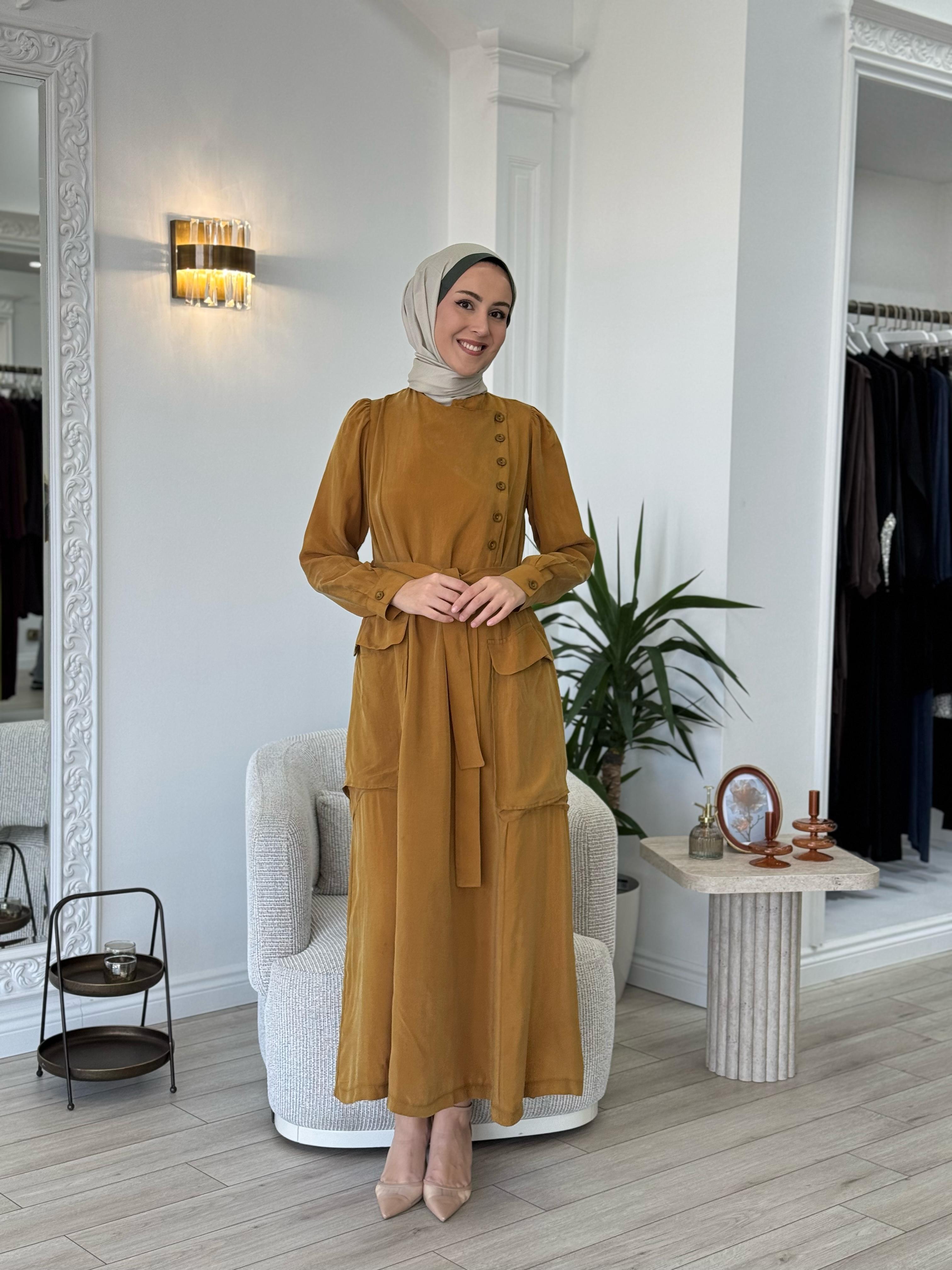 Misswhence Düğme Detaylı Elbise Hardal 37805
