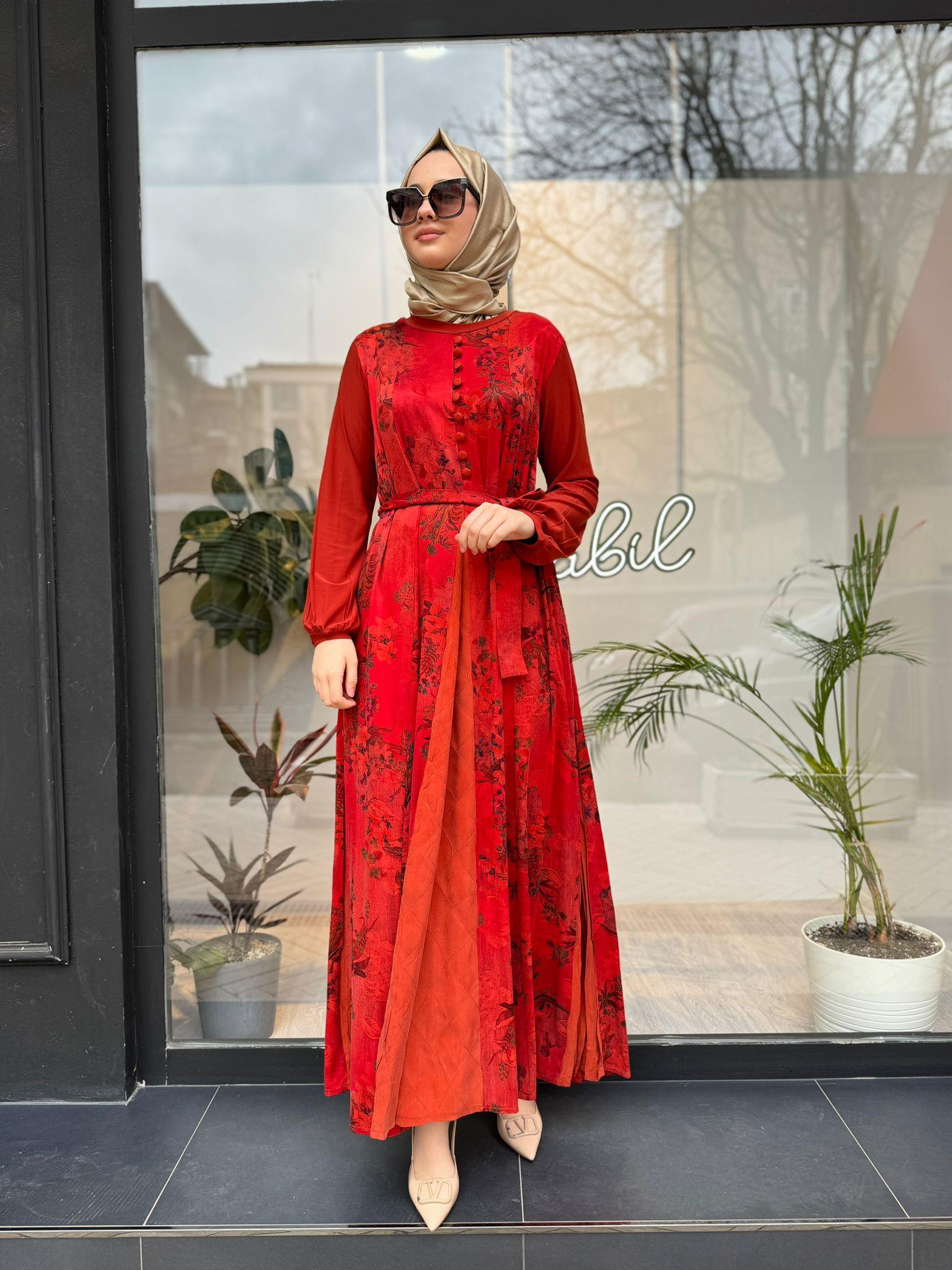 Misswhence Düğmeli Desenli Cupra Elbise Oranj 35801