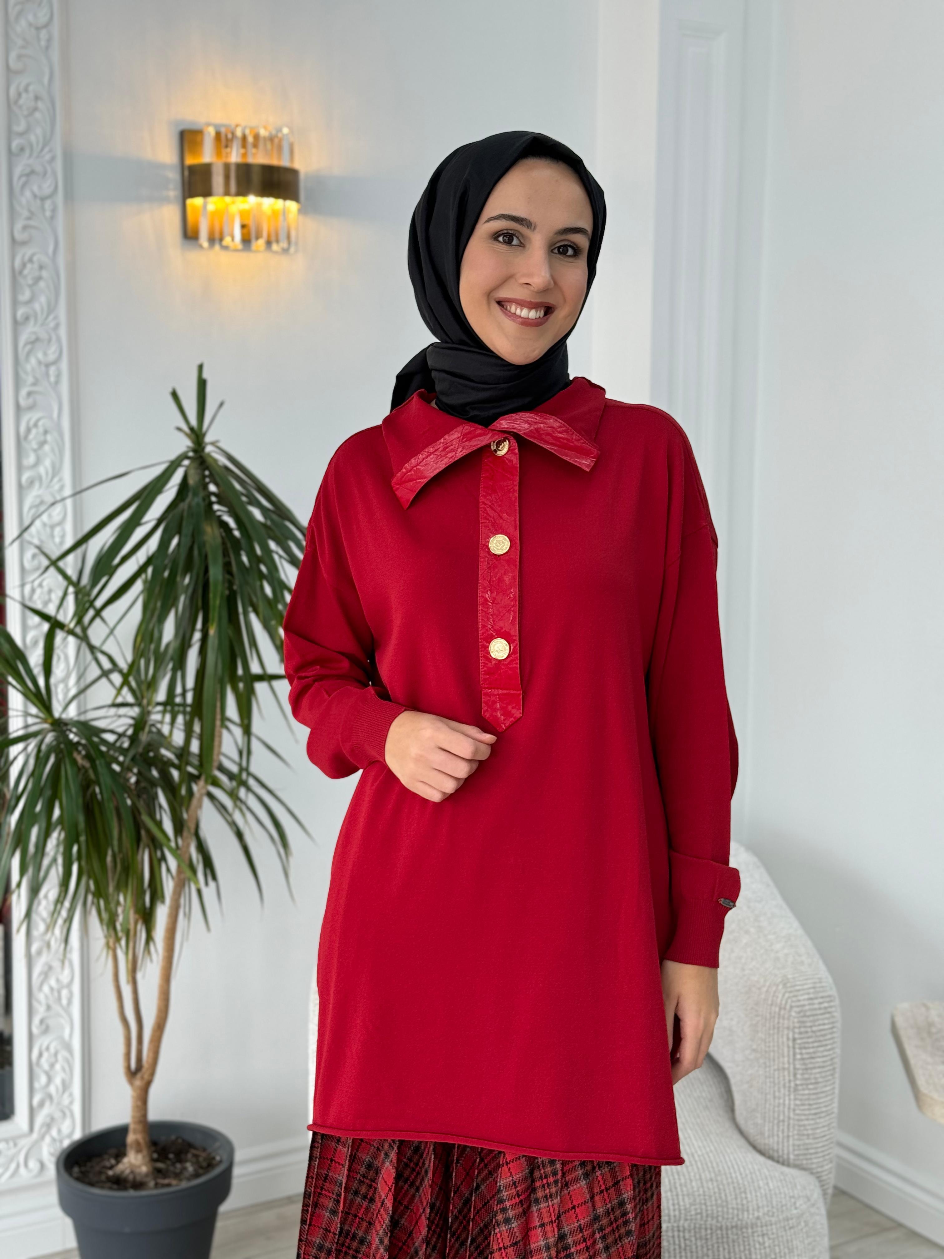Misswhence Düğmeli Triko Tunik Kırmızı 36013