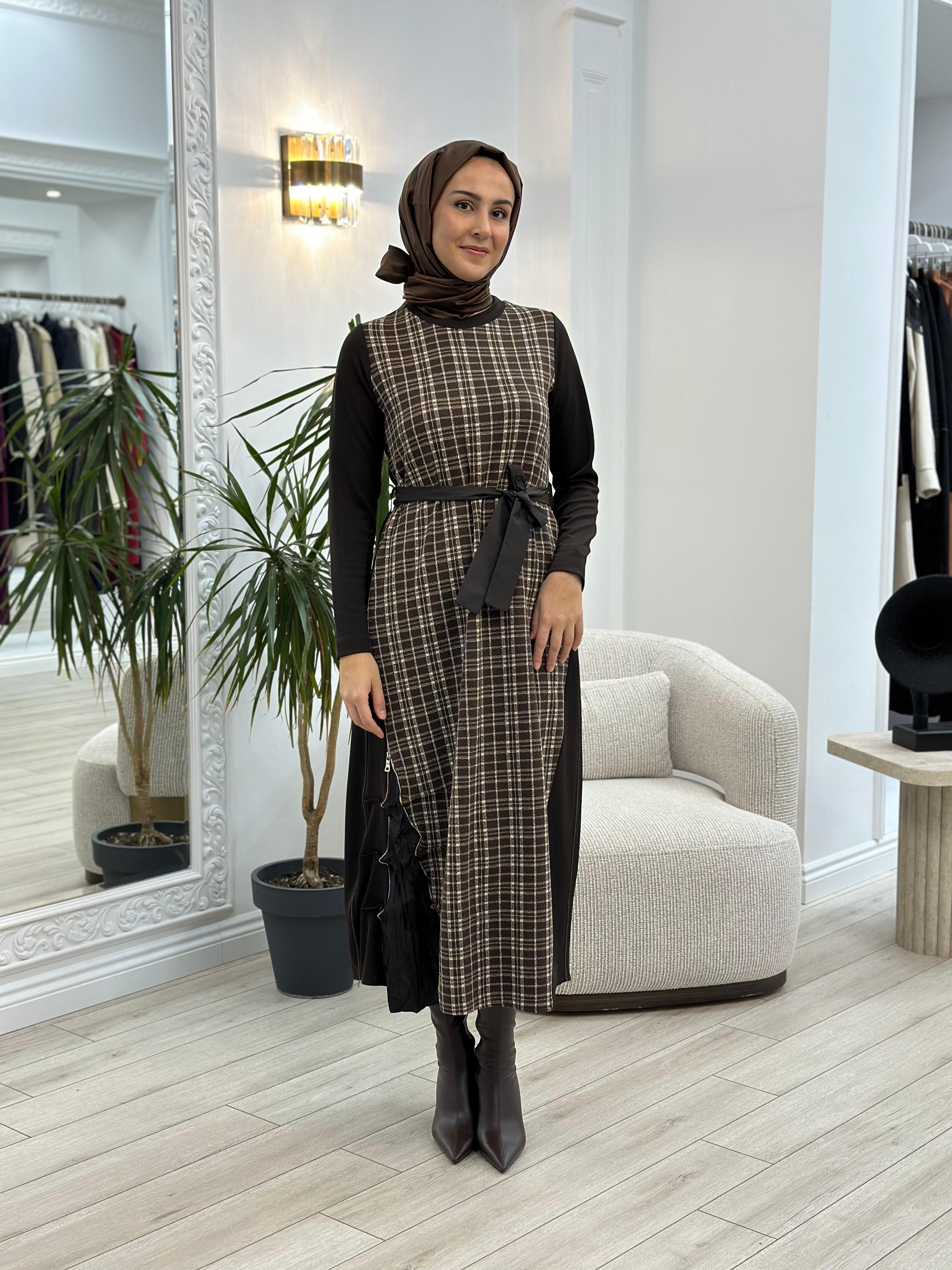 Misswhence Ekose Detaylı Elbise Kahverengi 36814