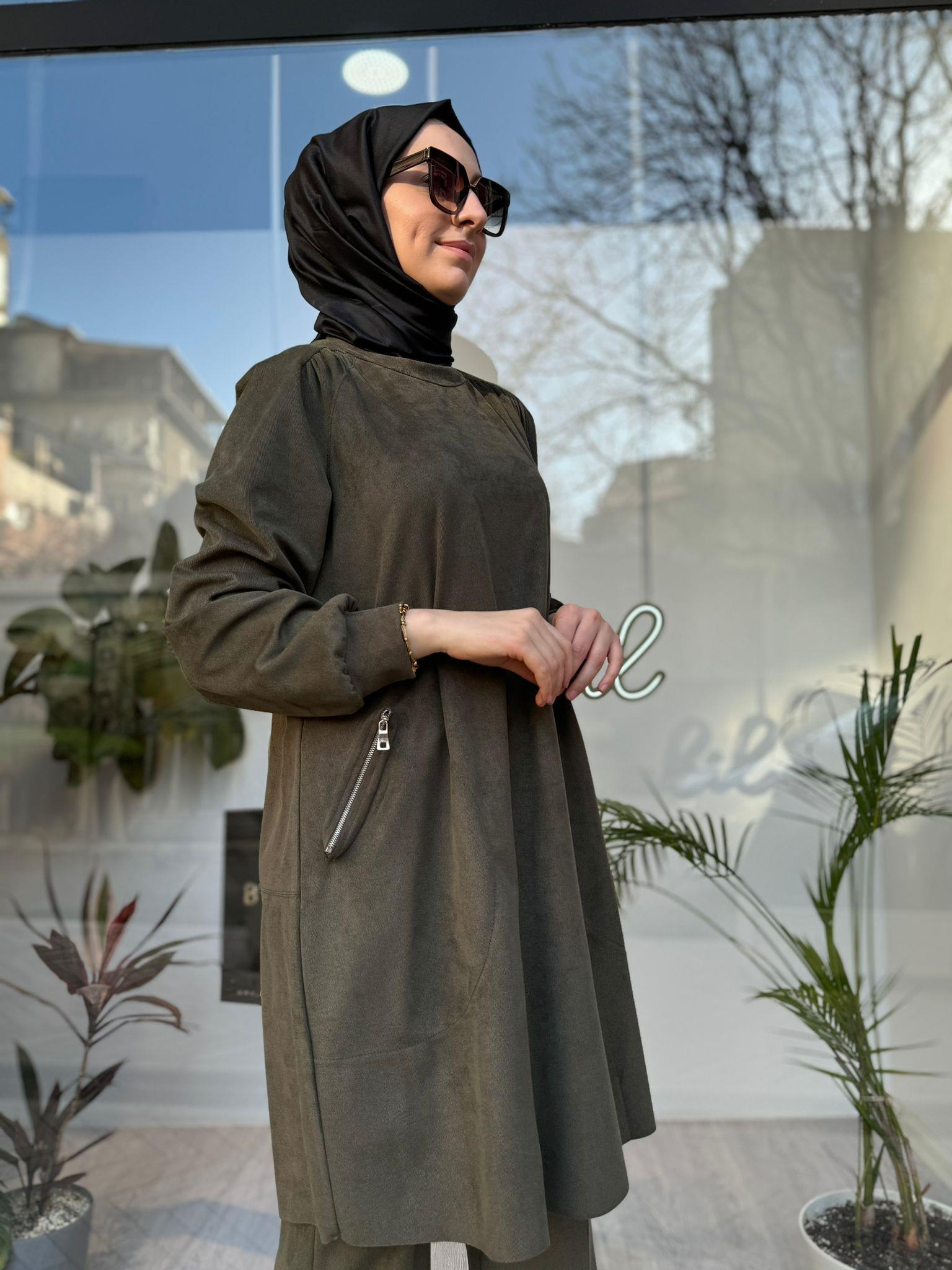 Misswhence Fermuar Cep Süet Tunik Haki 34001