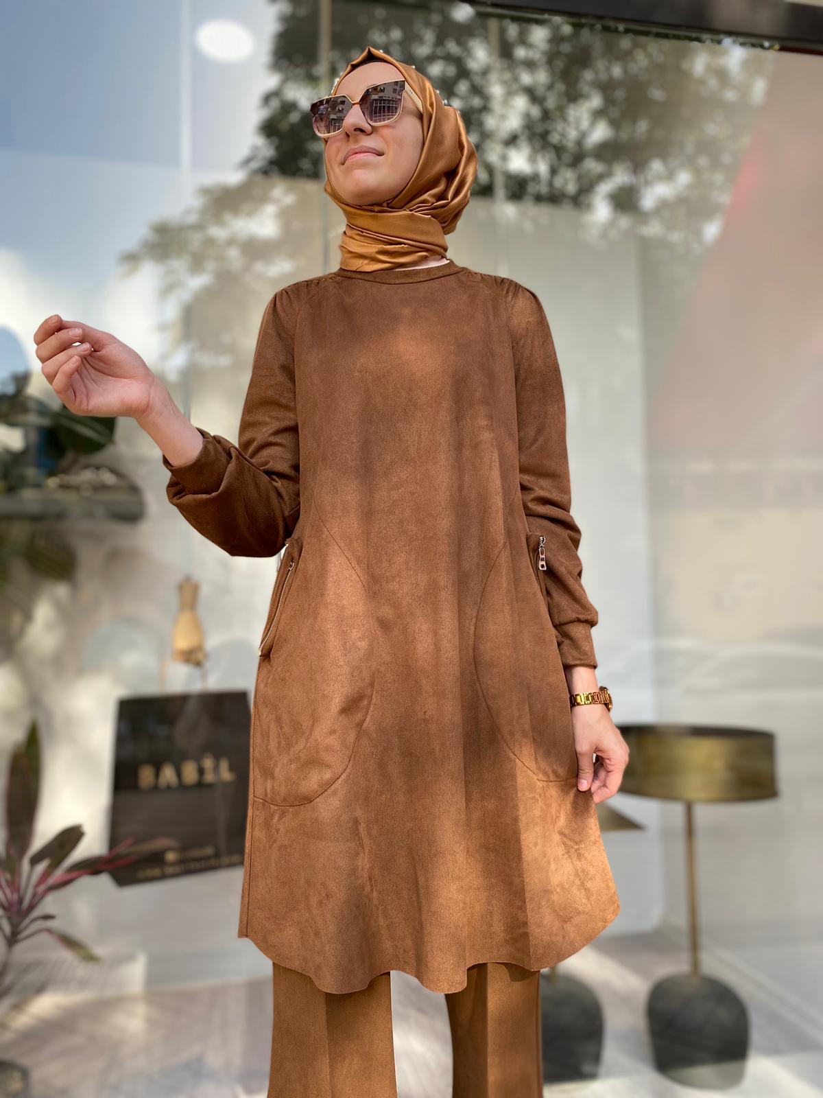 Misswhence Fermuar Cep Süet Tunik Taba 34001