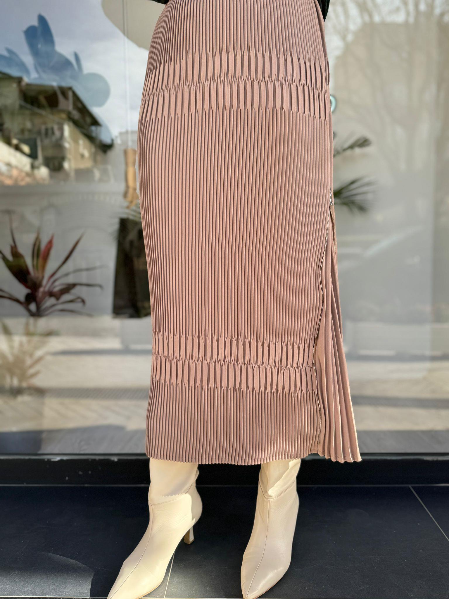 Misswhence Fermuar Detay Plise Etek Vizon 34903