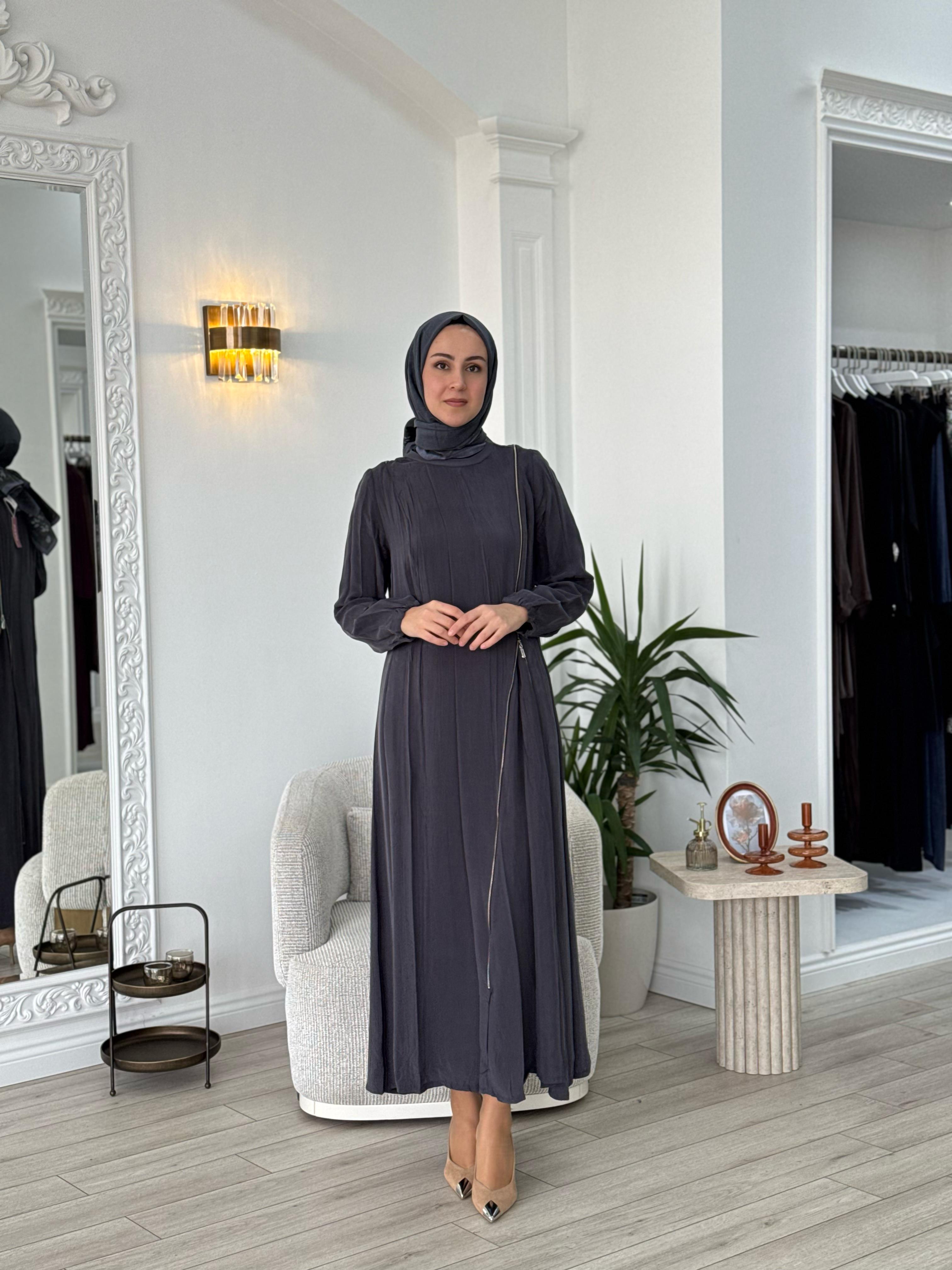 Misswhence Fermuar Detaylı Elbise Gri 37830